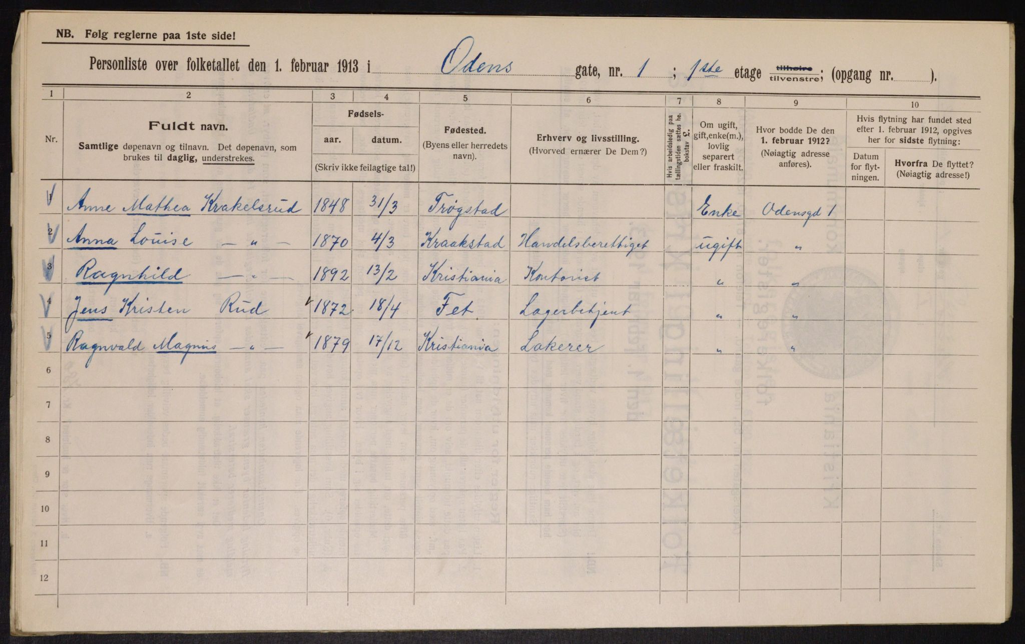 OBA, Municipal Census 1913 for Kristiania, 1913, p. 74591