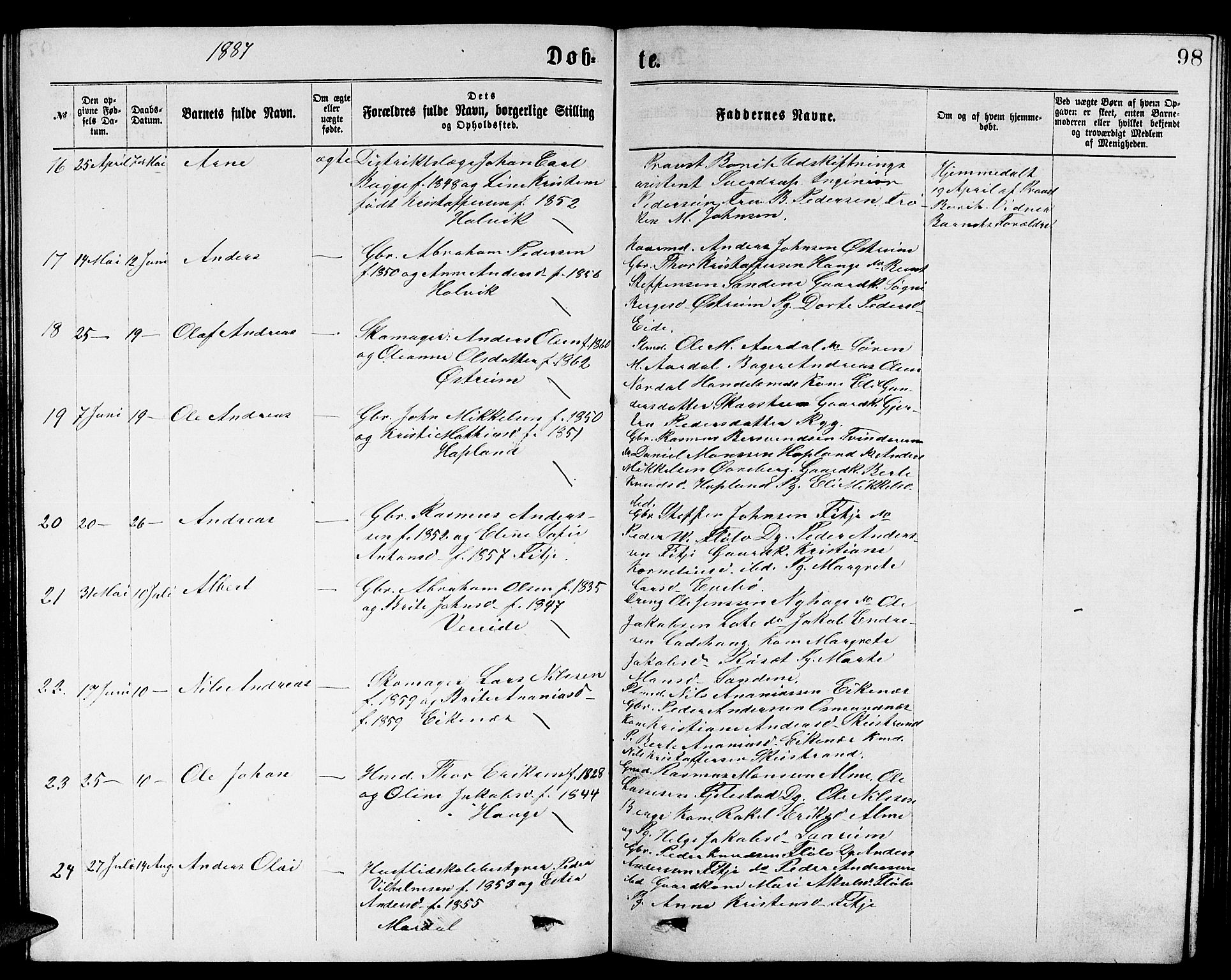 Gloppen sokneprestembete, AV/SAB-A-80101/H/Hab/Habb/L0001: Parish register (copy) no. B 1, 1872-1888, p. 98