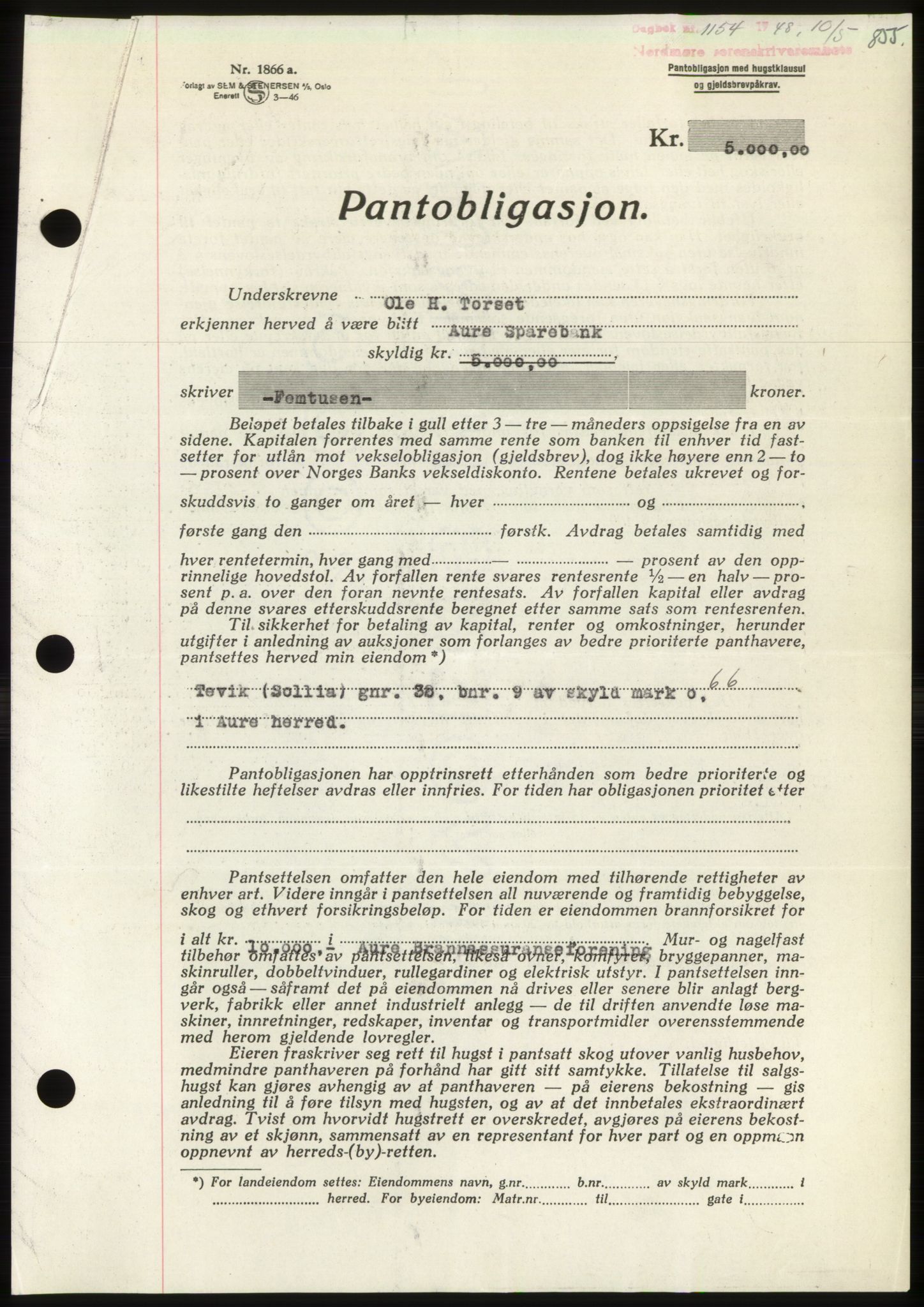 Nordmøre sorenskriveri, AV/SAT-A-4132/1/2/2Ca: Mortgage book no. B98, 1948-1948, Diary no: : 1154/1948