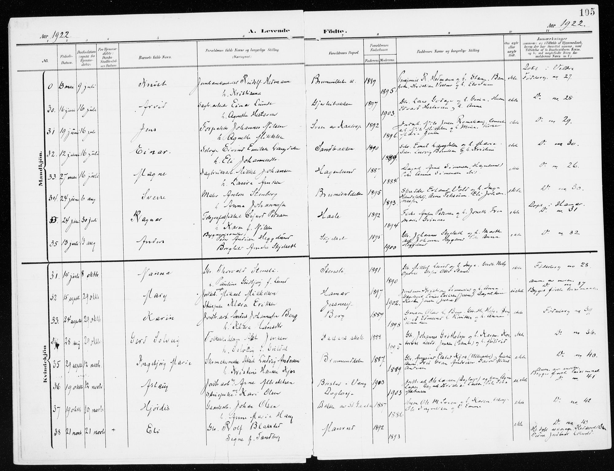 Furnes prestekontor, AV/SAH-PREST-012/K/Ka/L0001: Parish register (official) no. 1, 1907-1935, p. 105