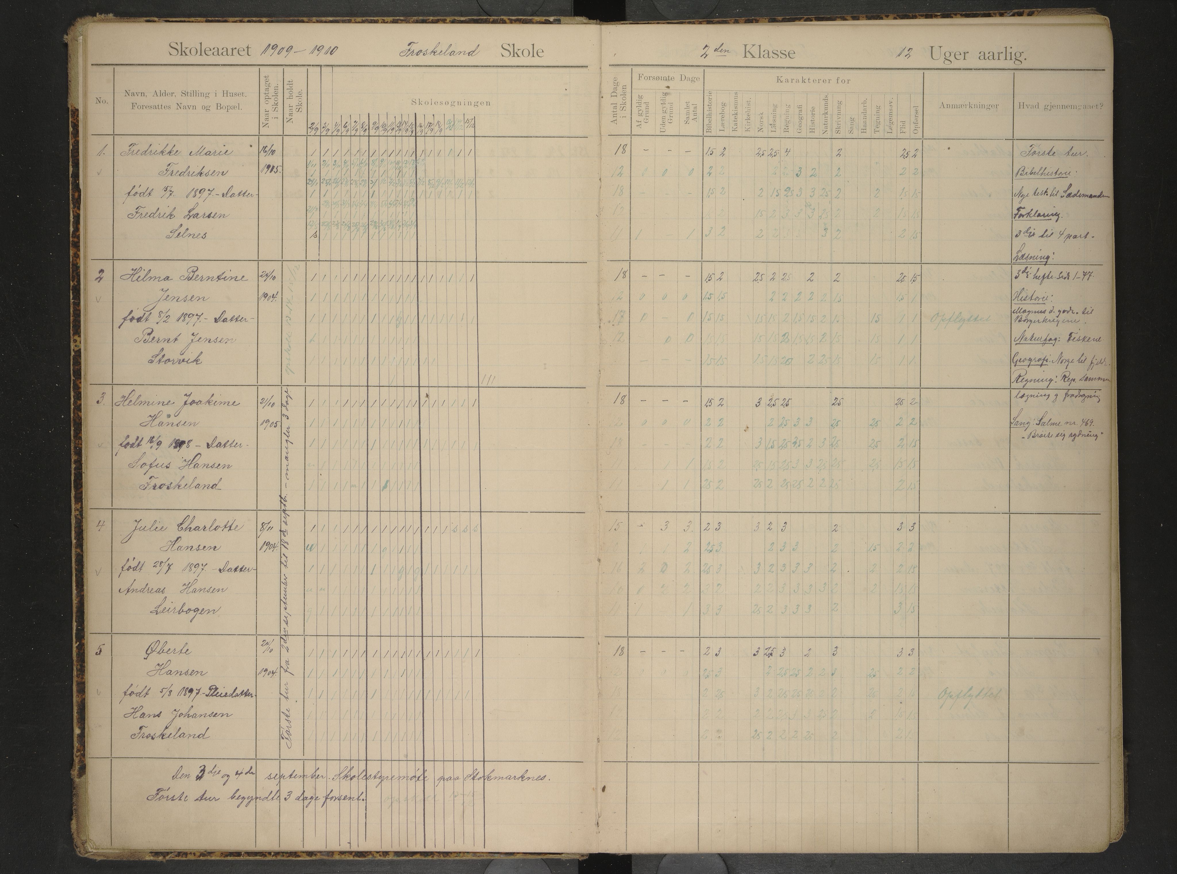 Hadsel kommune. Frøskeland skolekrets, AIN/K-18660.510.40/G/L0003: Skoleprotokoll for Frøskeland skole. 2. og 3. klasse, 1908-1920