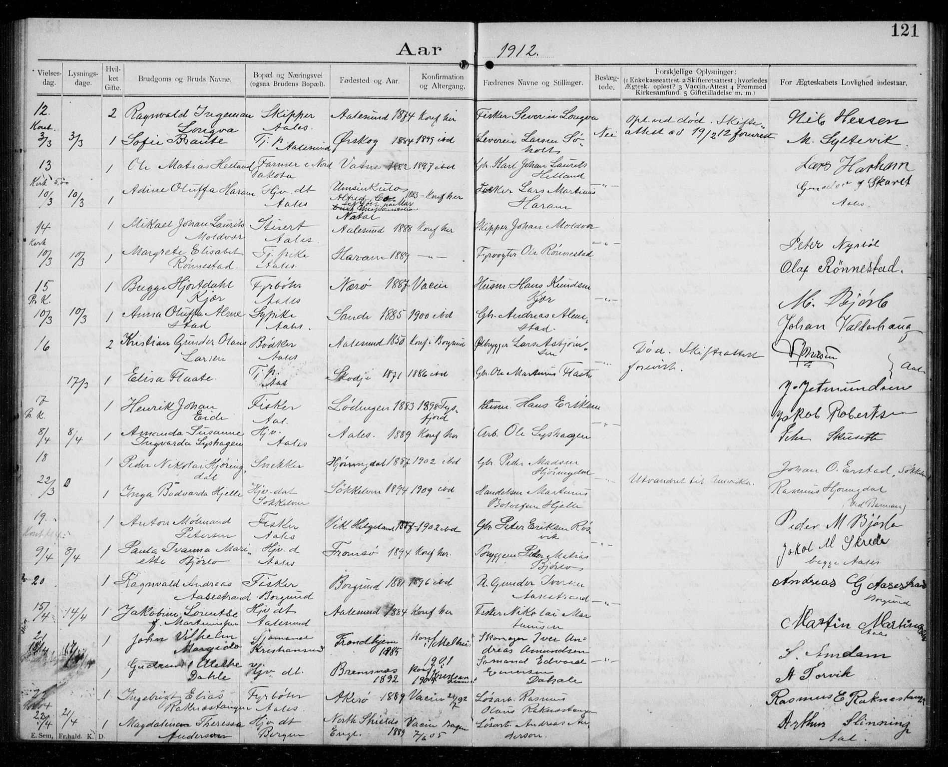 Ministerialprotokoller, klokkerbøker og fødselsregistre - Møre og Romsdal, AV/SAT-A-1454/529/L0458: Banns register no. 529A08, 1901-1918, p. 121