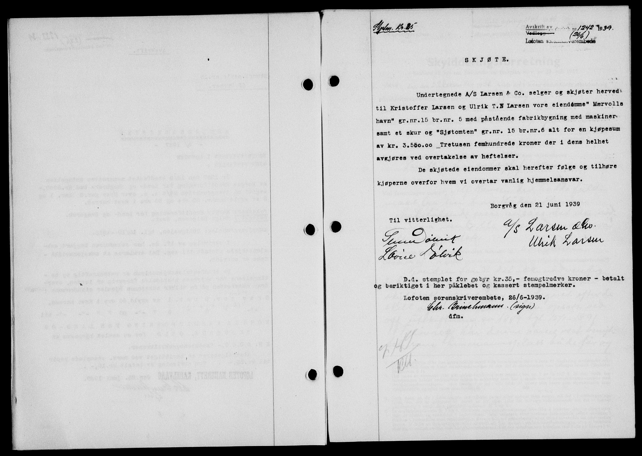 Lofoten sorenskriveri, SAT/A-0017/1/2/2C/L0005a: Mortgage book no. 5a, 1939-1939, Diary no: : 1342/1939