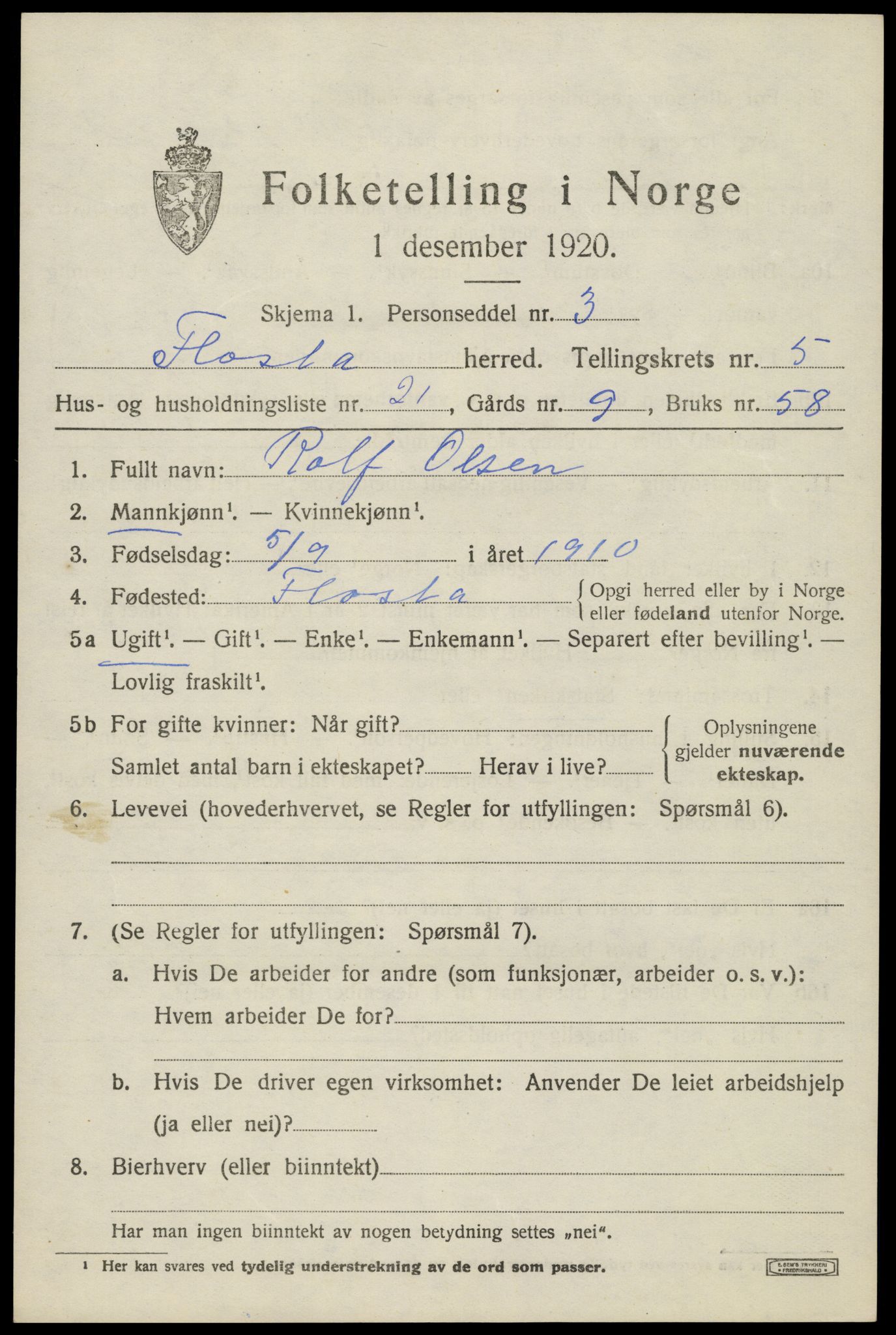 SAK, 1920 census for Flosta, 1920, p. 2986