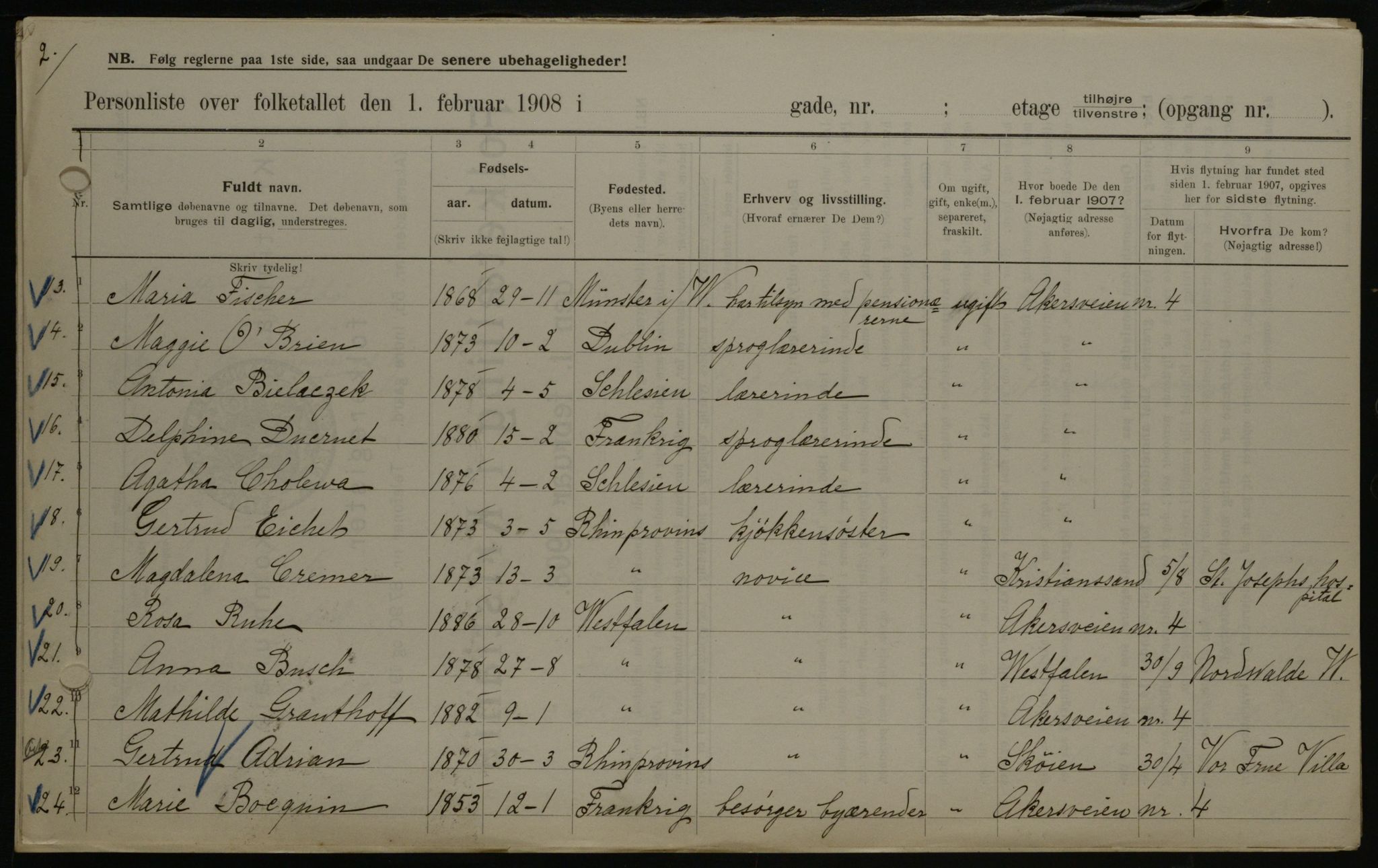 OBA, Municipal Census 1908 for Kristiania, 1908, p. 1010