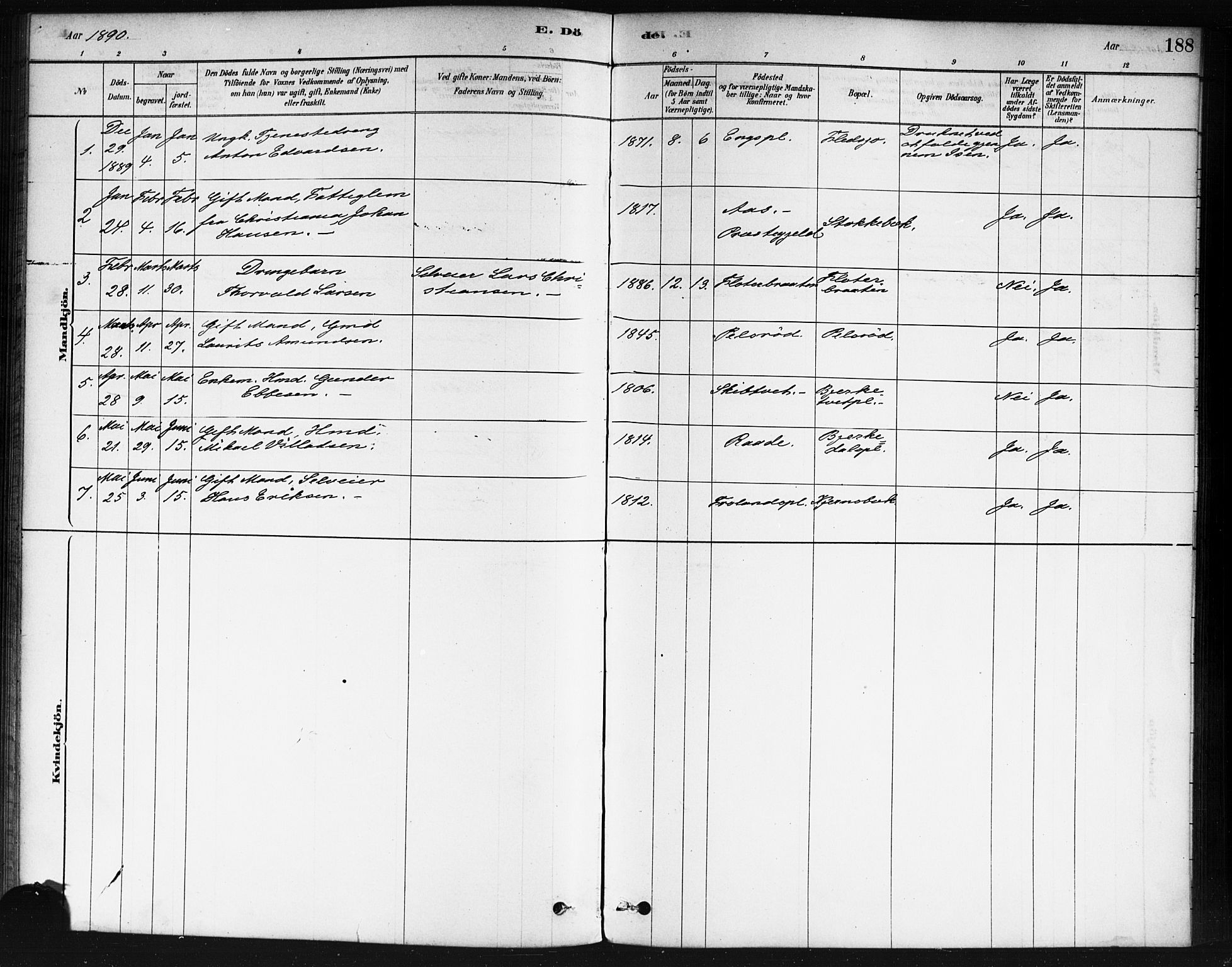 Våler prestekontor Kirkebøker, AV/SAO-A-11083/F/Fb/L0001: Parish register (official) no. II 1, 1878-1896, p. 188