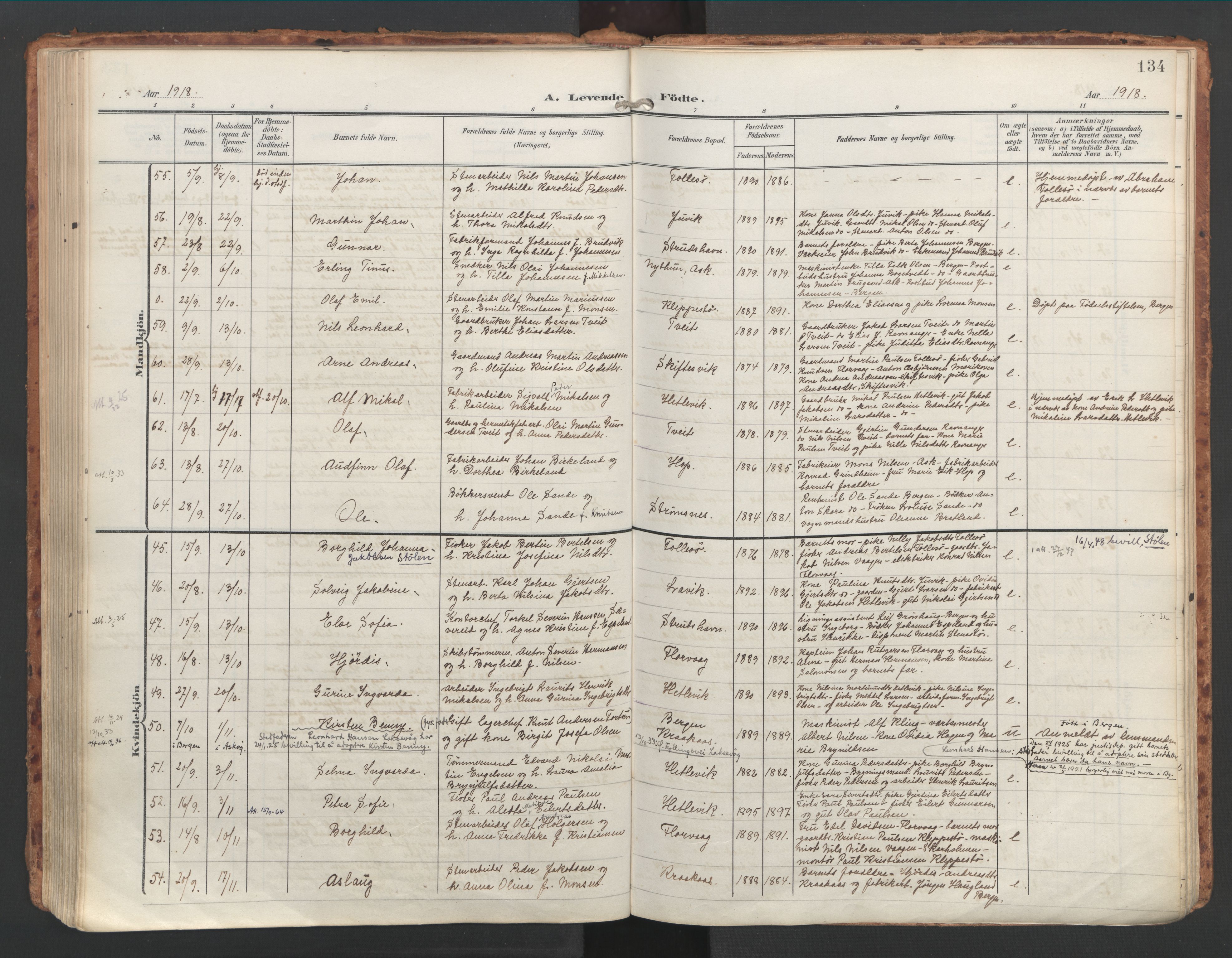 Askøy Sokneprestembete, AV/SAB-A-74101/H/Ha/Haa/Haac/L0002: Parish register (official) no. C 2, 1905-1922, p. 134