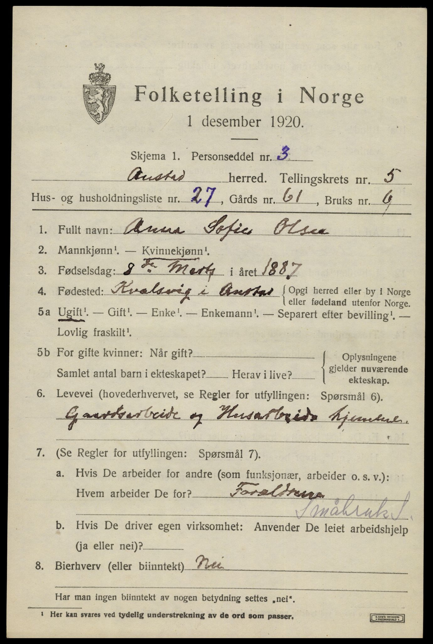 SAK, 1920 census for Austad, 1920, p. 1871