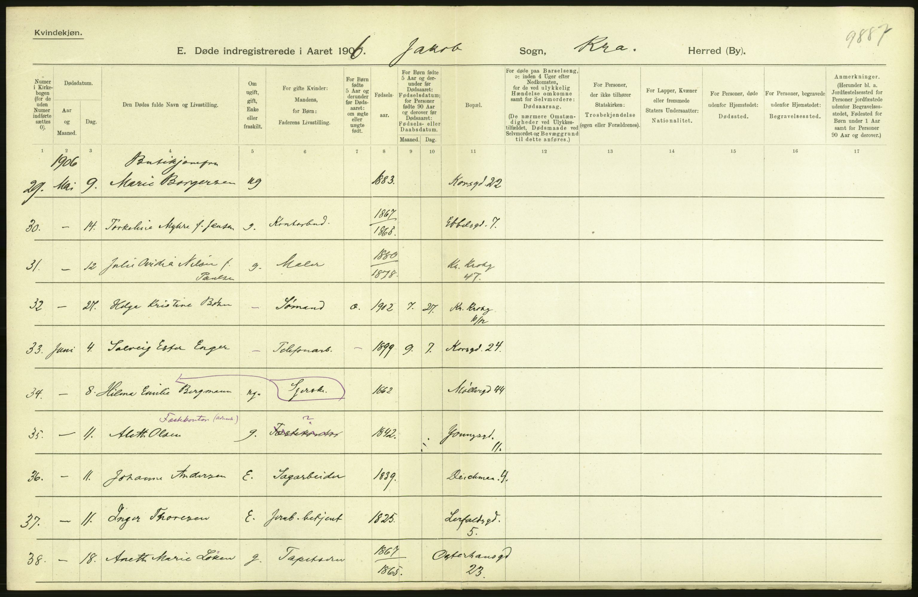 Statistisk sentralbyrå, Sosiodemografiske emner, Befolkning, AV/RA-S-2228/D/Df/Dfa/Dfad/L0009: Kristiania: Døde, 1906, p. 86