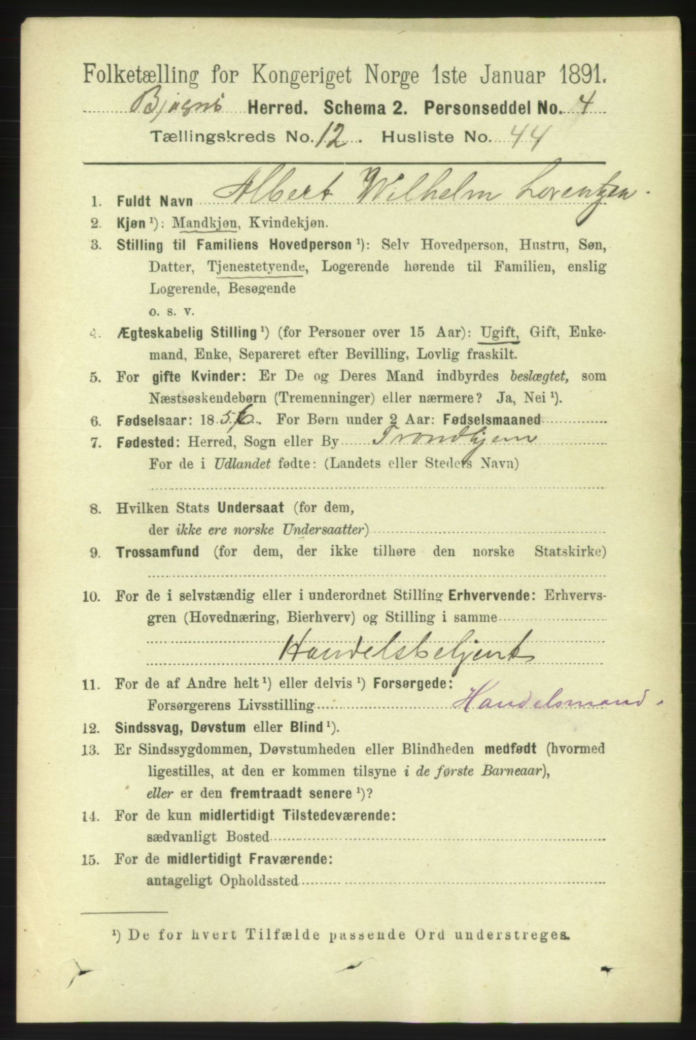 RA, 1891 census for 1627 Bjugn, 1891, p. 3725