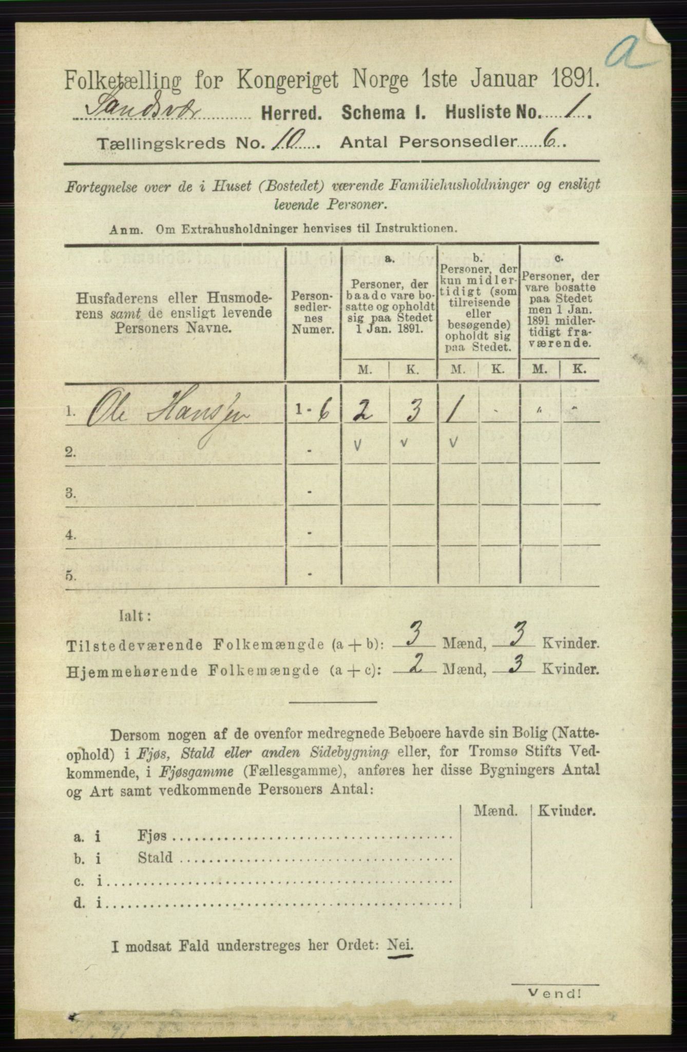 RA, 1891 census for 0629 Sandsvær, 1891, p. 4835
