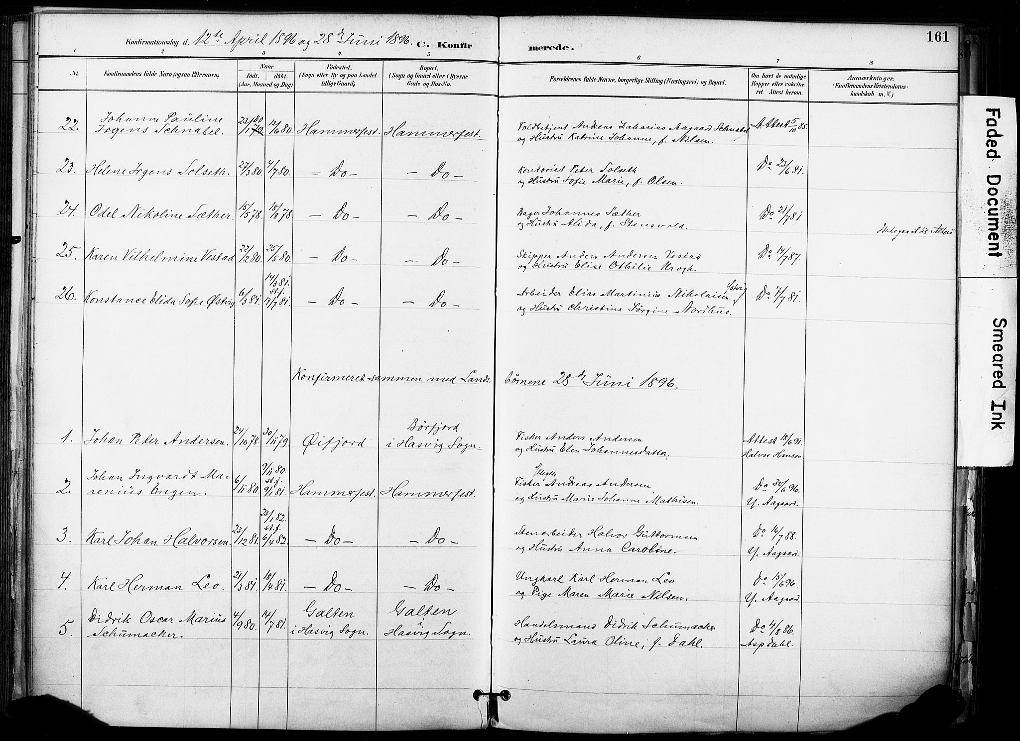 Hammerfest sokneprestkontor, AV/SATØ-S-1347/H/Ha/L0009.kirke: Parish register (official) no. 9, 1889-1897, p. 161