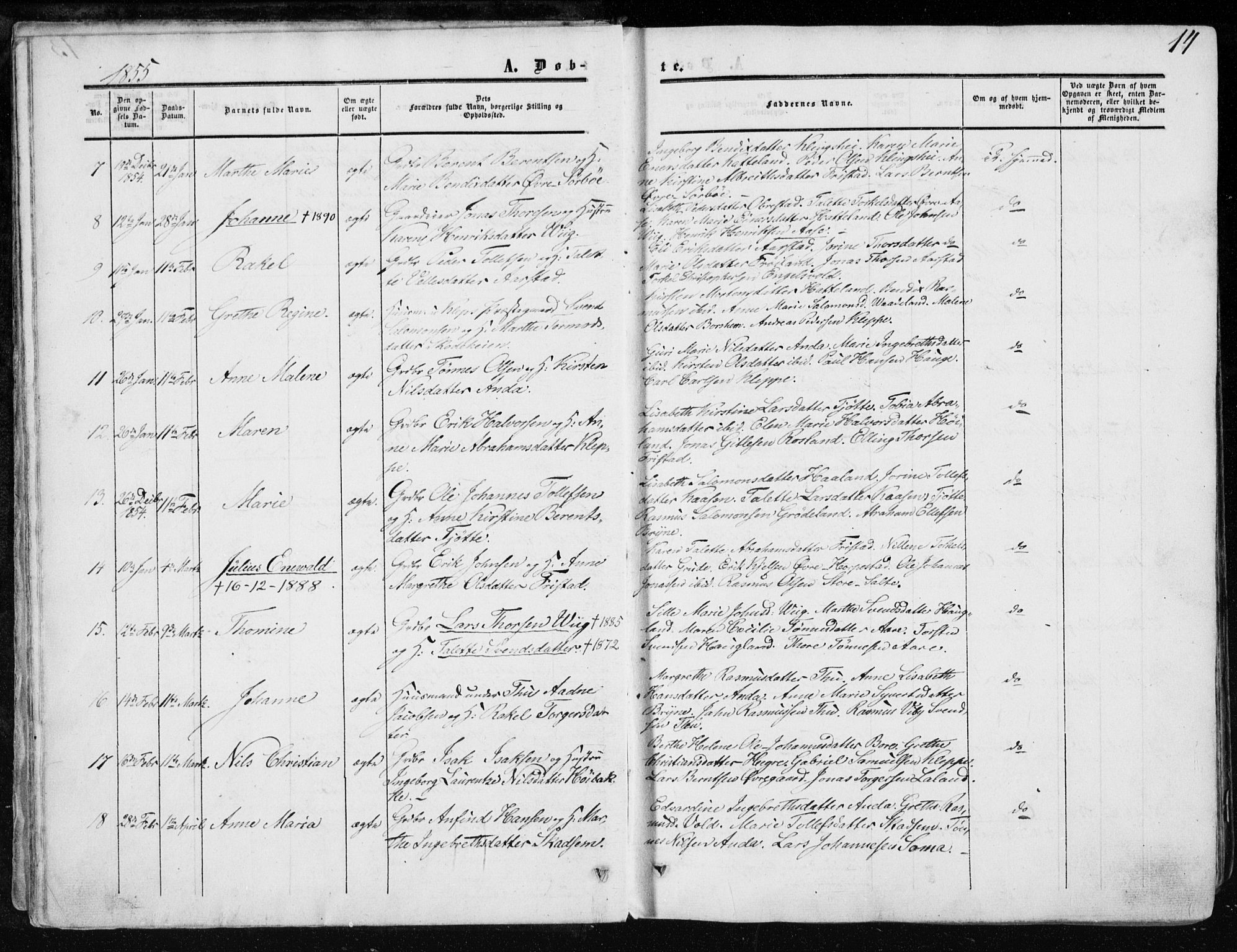 Klepp sokneprestkontor, AV/SAST-A-101803/001/3/30BA/L0005: Parish register (official) no. A 5, 1853-1870, p. 14