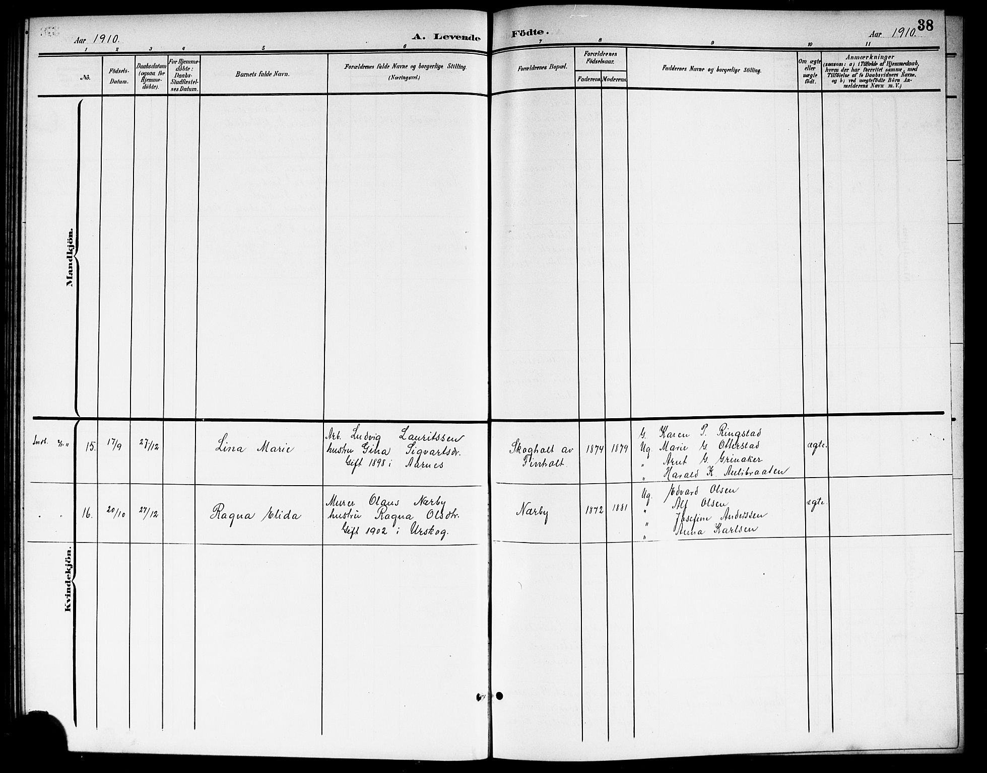 Nes prestekontor Kirkebøker, AV/SAO-A-10410/G/Gb/L0001: Parish register (copy) no. II 1, 1901-1917, p. 38