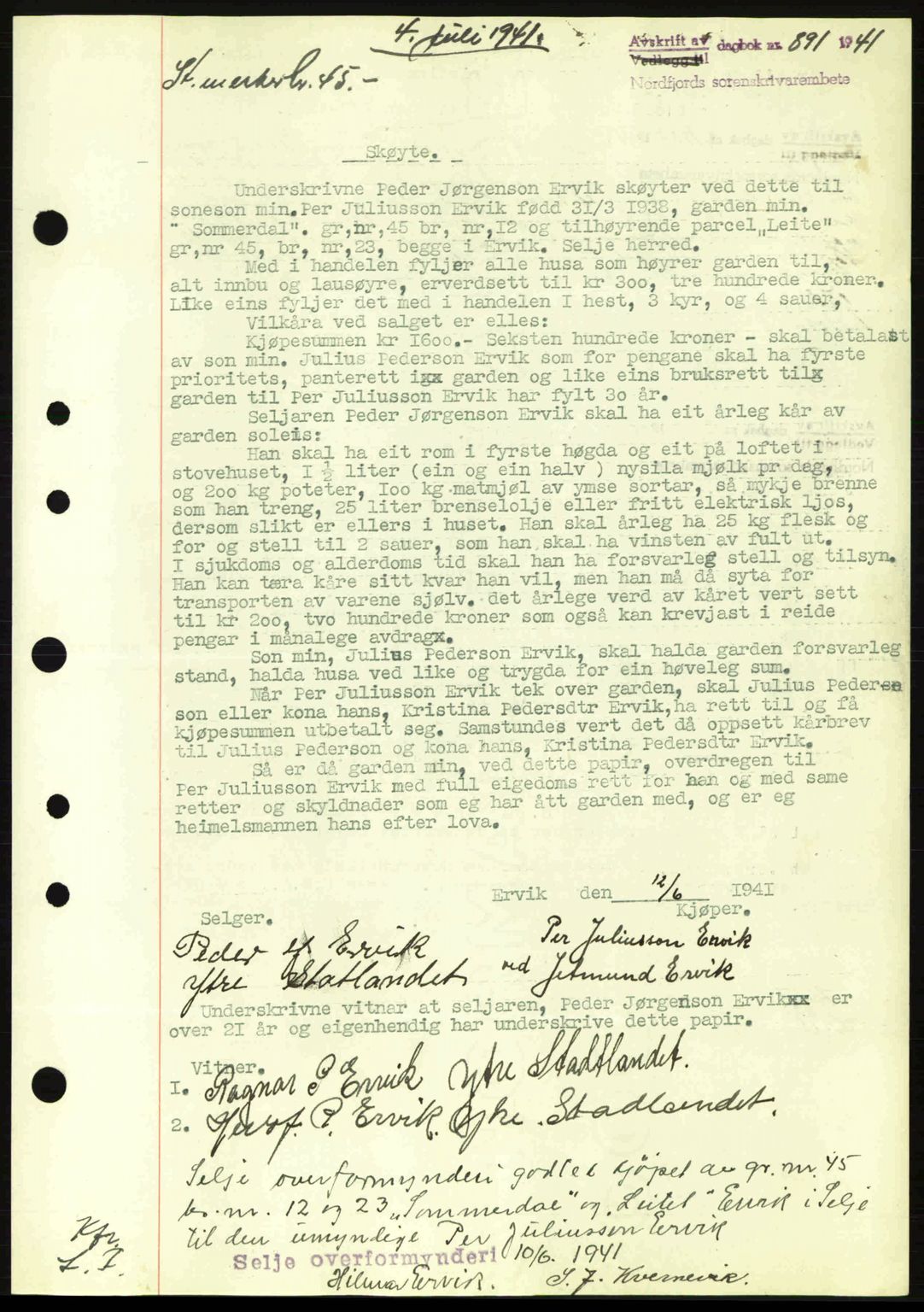 Nordfjord sorenskriveri, AV/SAB-A-2801/02/02b/02bj/L0006: Mortgage book no. A6, 1940-1941, Diary no: : 891/1941