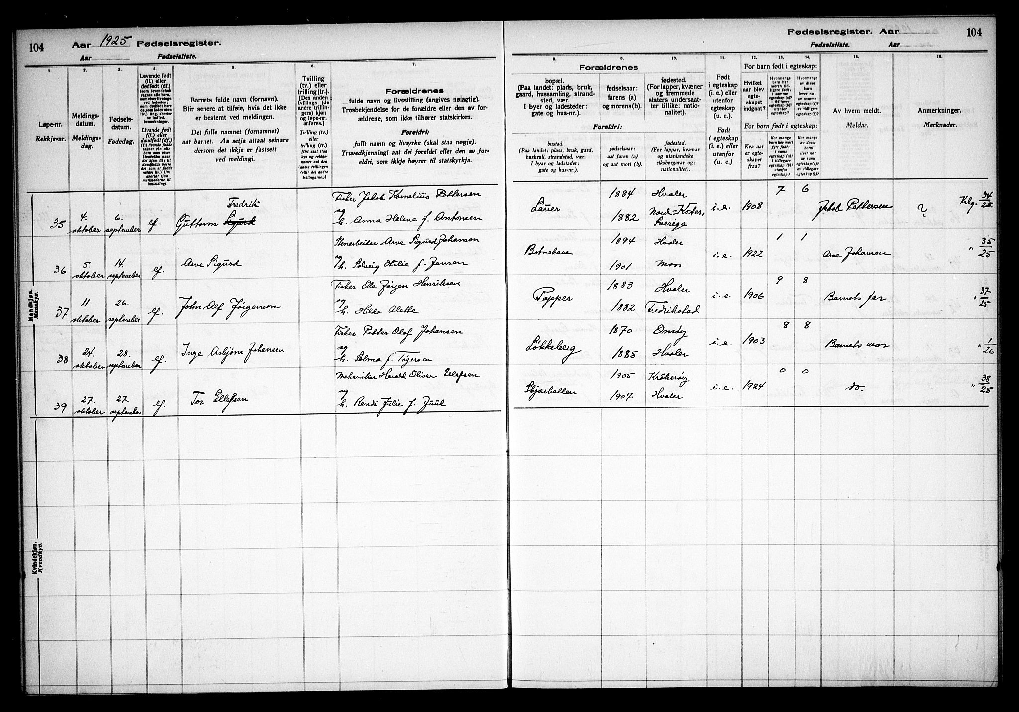 Hvaler prestekontor Kirkebøker, AV/SAO-A-2001/J/Ja/L0001: Birth register no. I 1, 1916-1938, p. 104