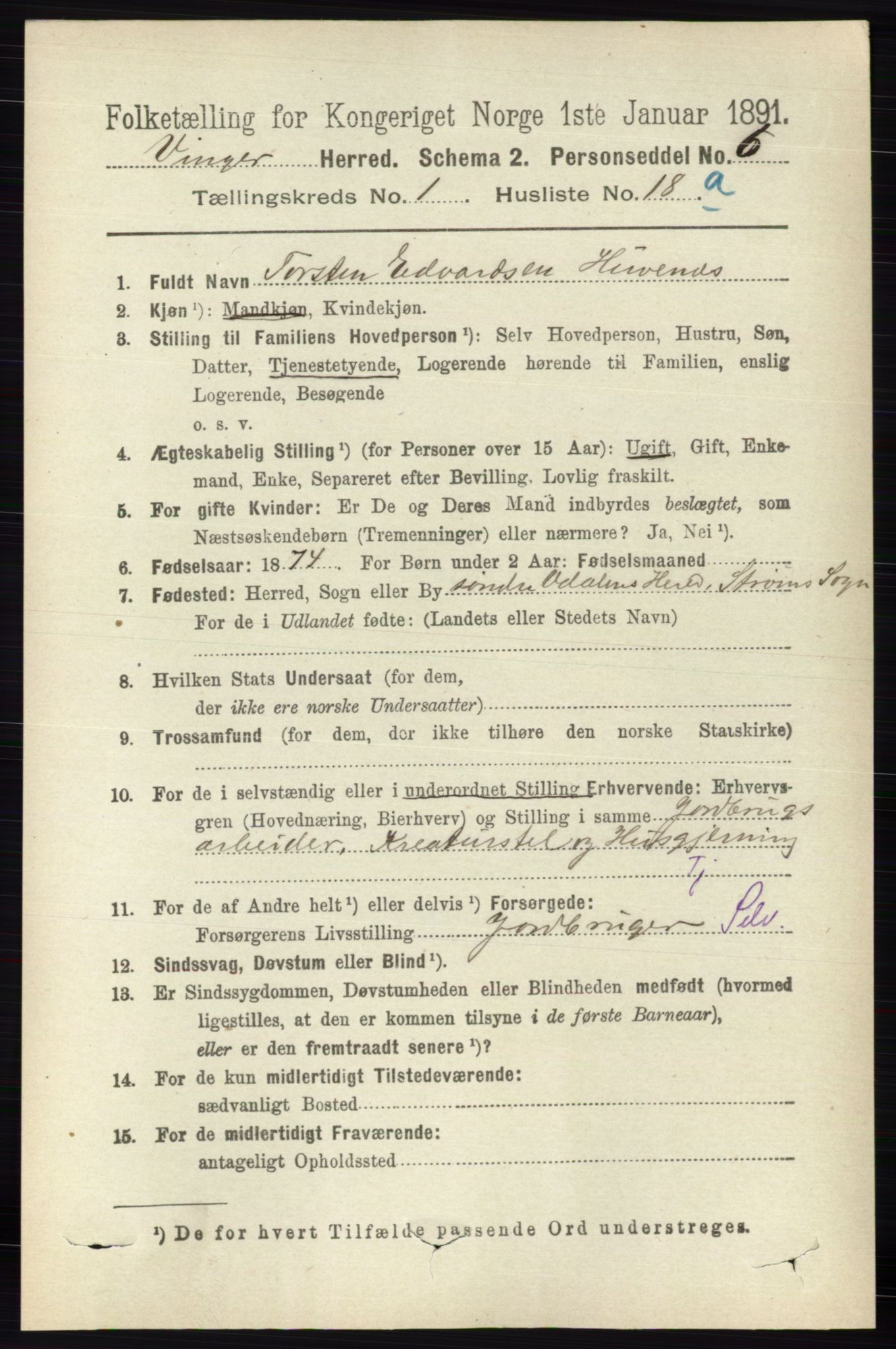 RA, 1891 census for 0421 Vinger, 1891, p. 218