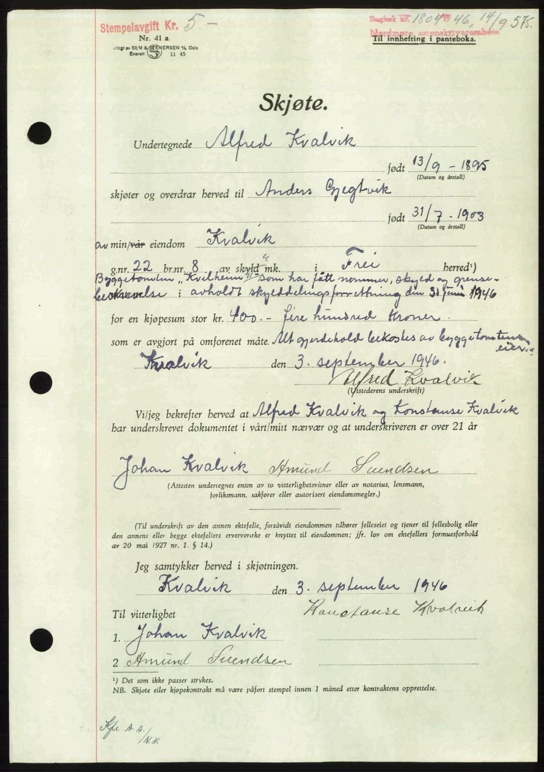 Nordmøre sorenskriveri, AV/SAT-A-4132/1/2/2Ca: Mortgage book no. A102, 1946-1946, Diary no: : 1804/1946