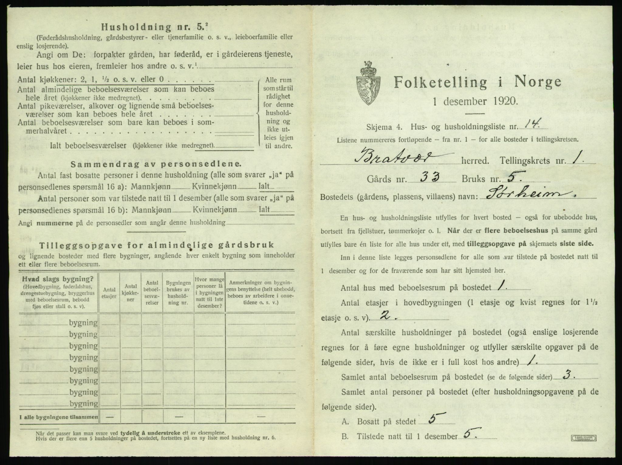 SAT, 1920 census for Brattvær, 1920, p. 56