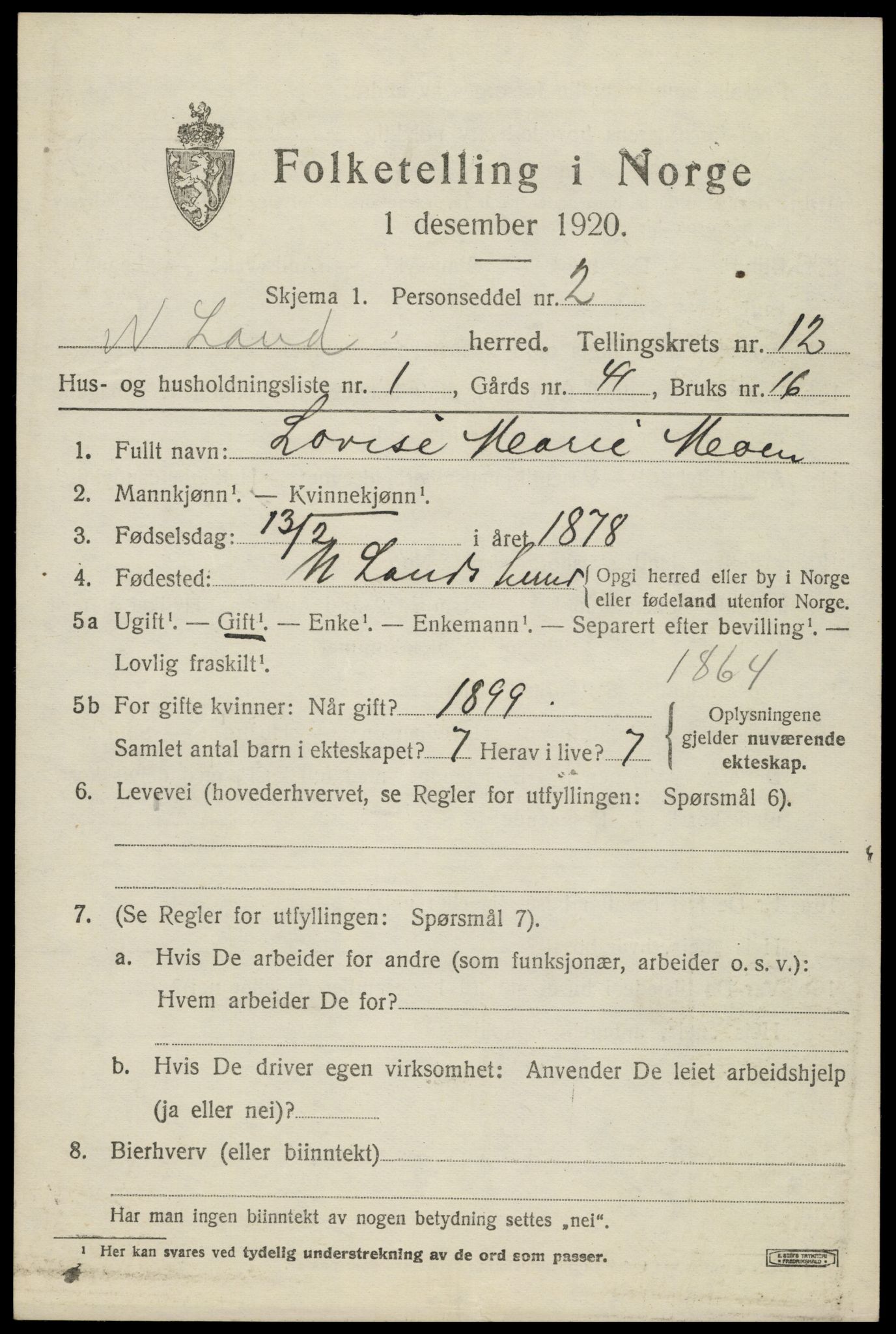 SAH, 1920 census for Nordre Land, 1920, p. 5832
