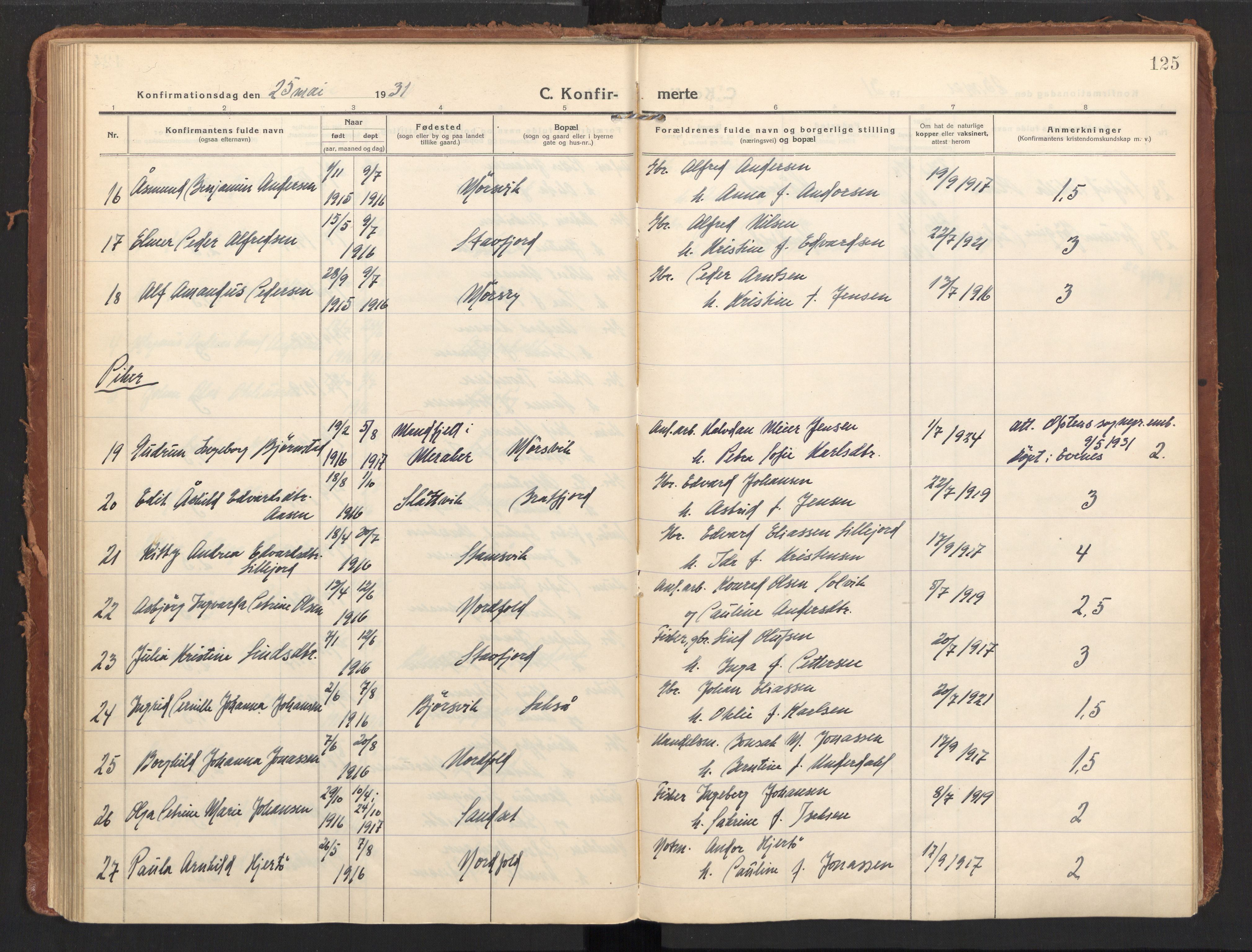 Ministerialprotokoller, klokkerbøker og fødselsregistre - Nordland, AV/SAT-A-1459/858/L0833: Parish register (official) no. 858A03, 1916-1934, p. 125