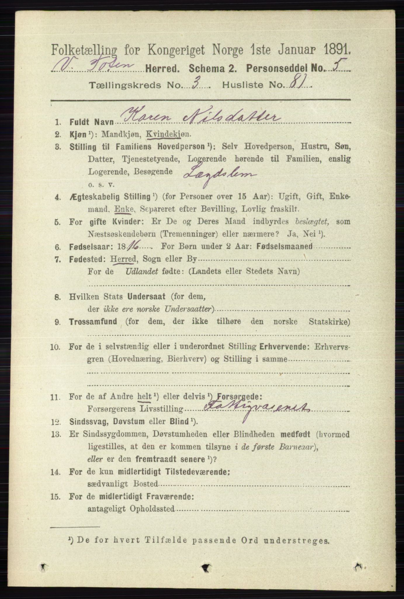 RA, 1891 census for 0529 Vestre Toten, 1891, p. 2406