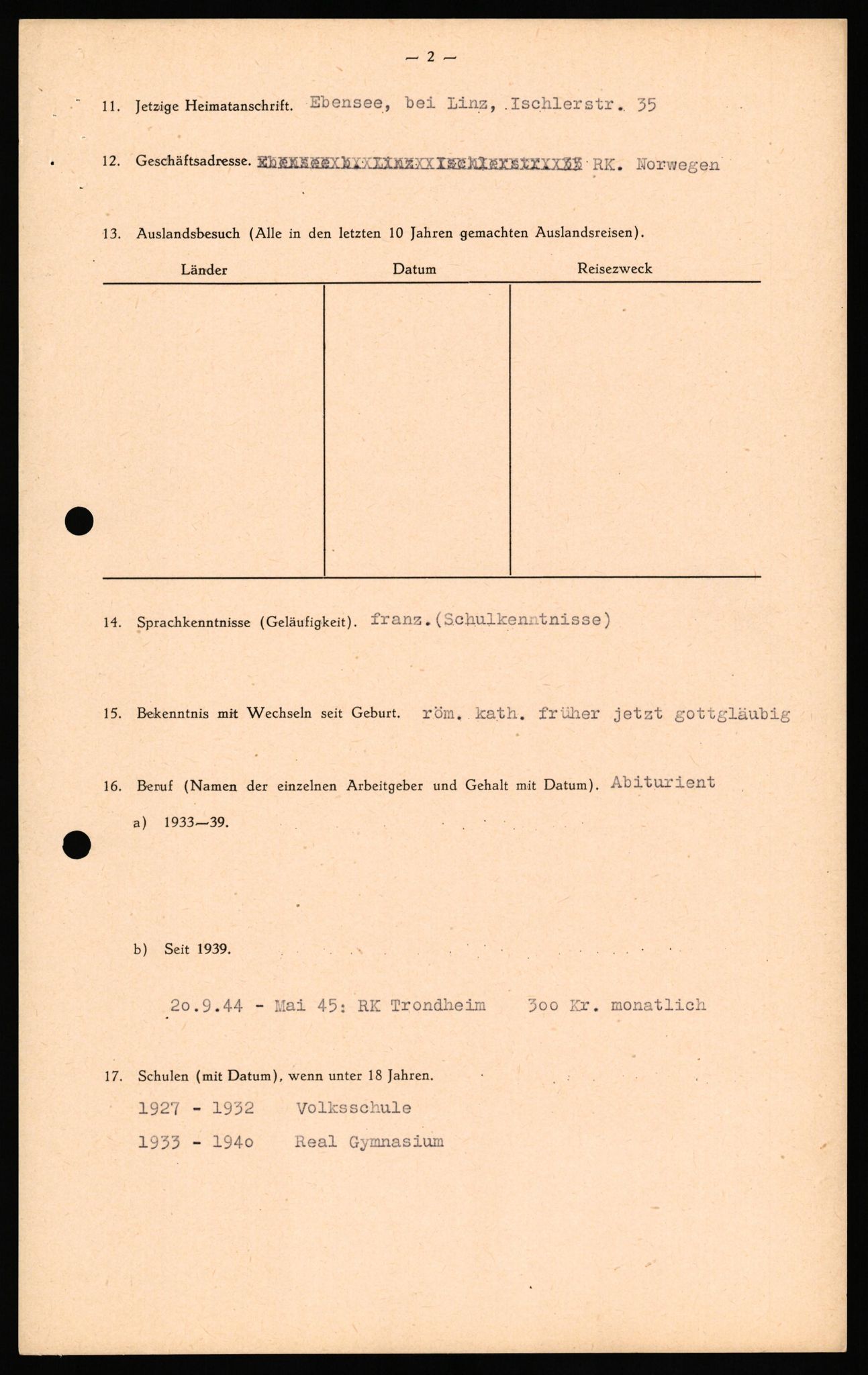 Forsvaret, Forsvarets overkommando II, AV/RA-RAFA-3915/D/Db/L0040: CI Questionaires. Tyske okkupasjonsstyrker i Norge. Østerrikere., 1945-1946, p. 87