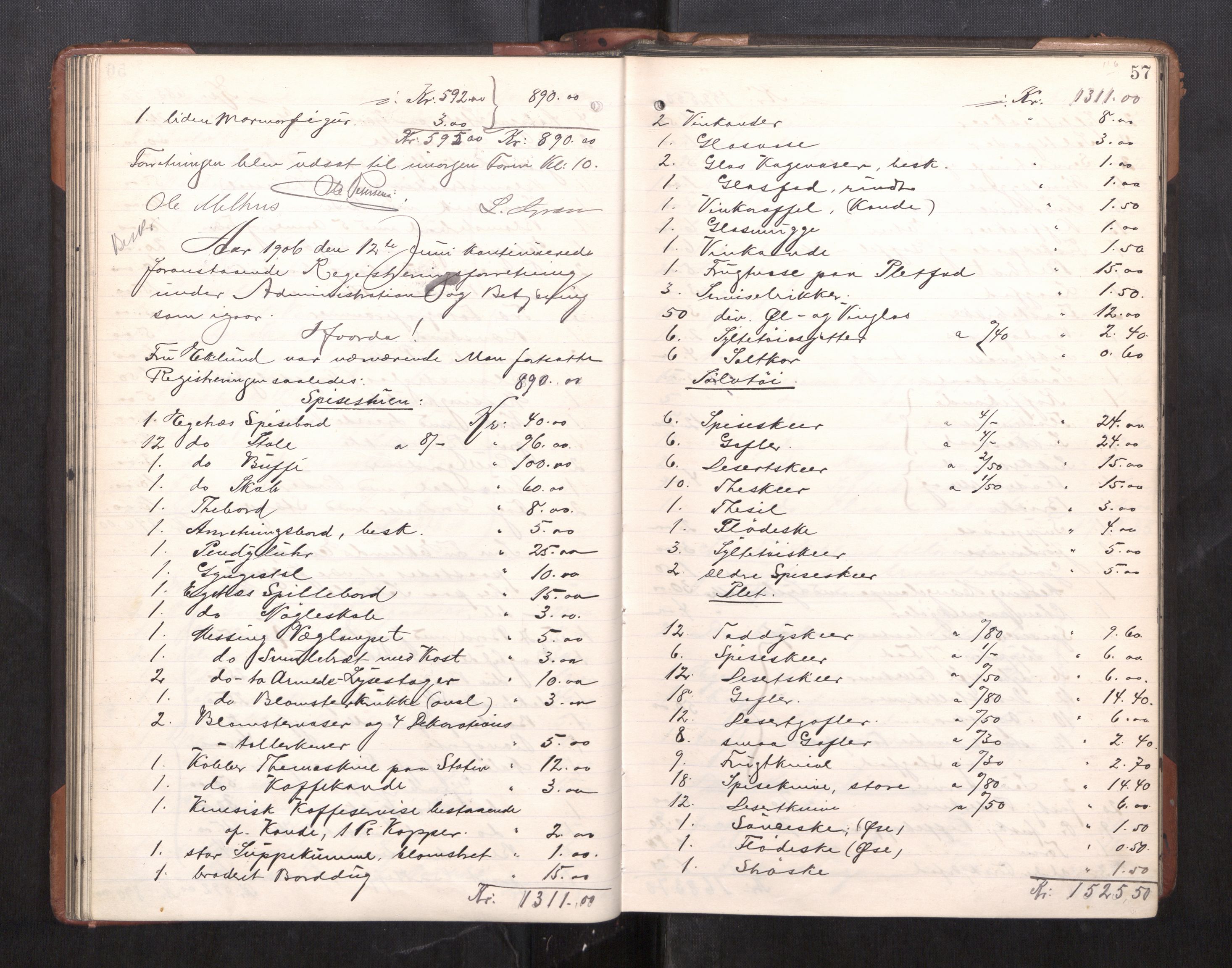Trondheim byfogd, AV/SAT-A-0003/1/3/3C/L0025: Skifteregistreringsprotokoll - 24/1-14/7. (u/ register), 1906-1909, p. 57