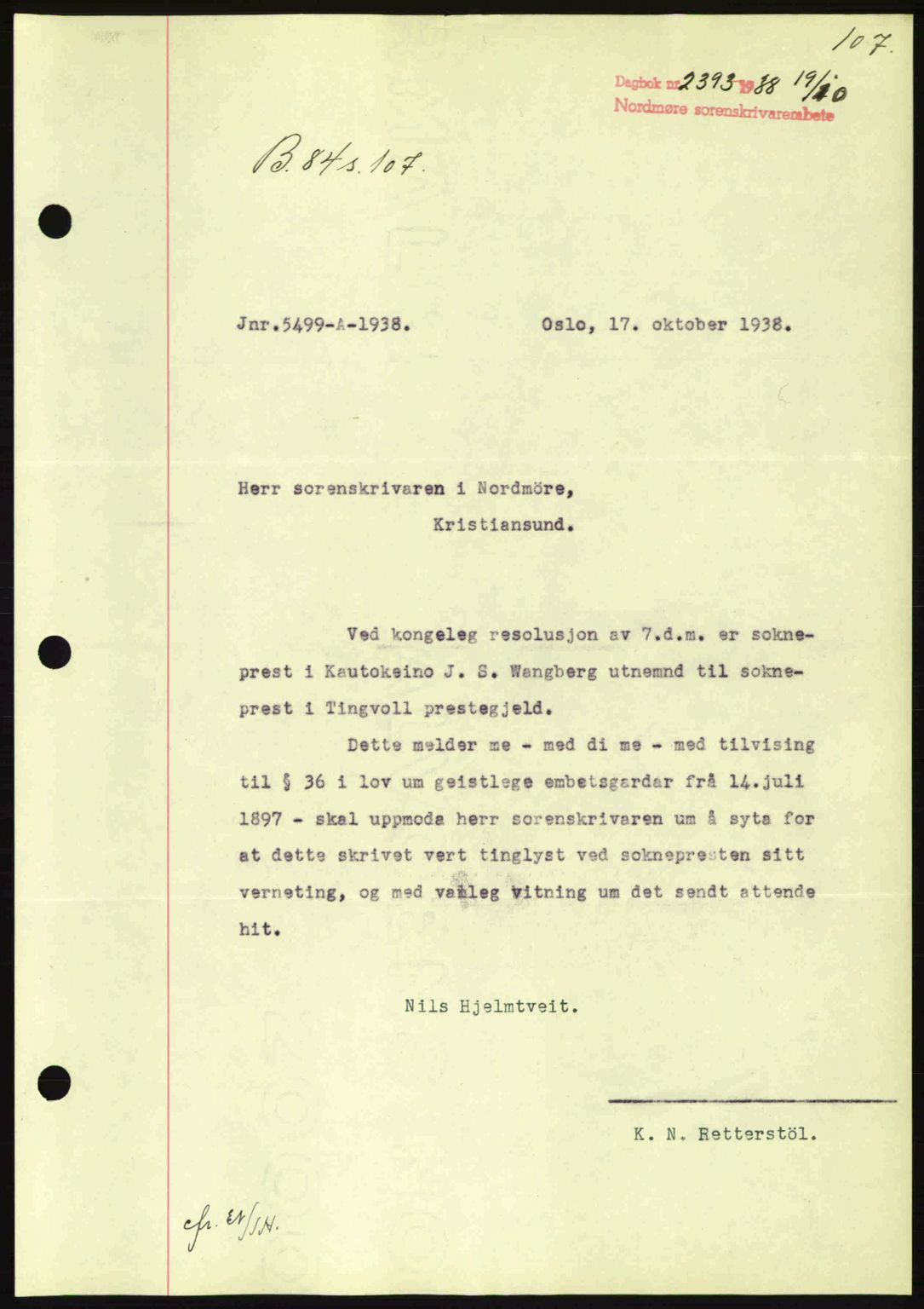 Nordmøre sorenskriveri, SAT/A-4132/1/2/2Ca: Mortgage book no. B84, 1938-1939, Diary no: : 2393/1938