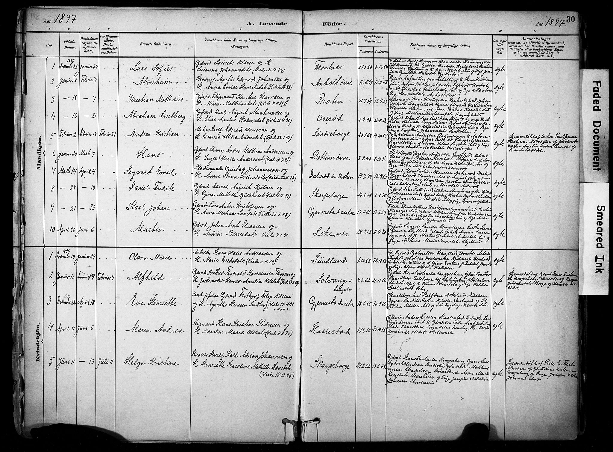 Stokke kirkebøker, SAKO/A-320/F/Fb/L0001: Parish register (official) no. II 1, 1884-1910, p. 30