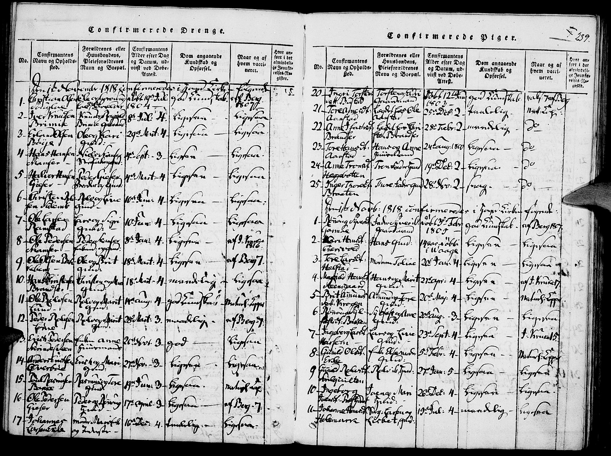 Lom prestekontor, SAH/PREST-070/K/L0004: Parish register (official) no. 4, 1815-1825, p. 239