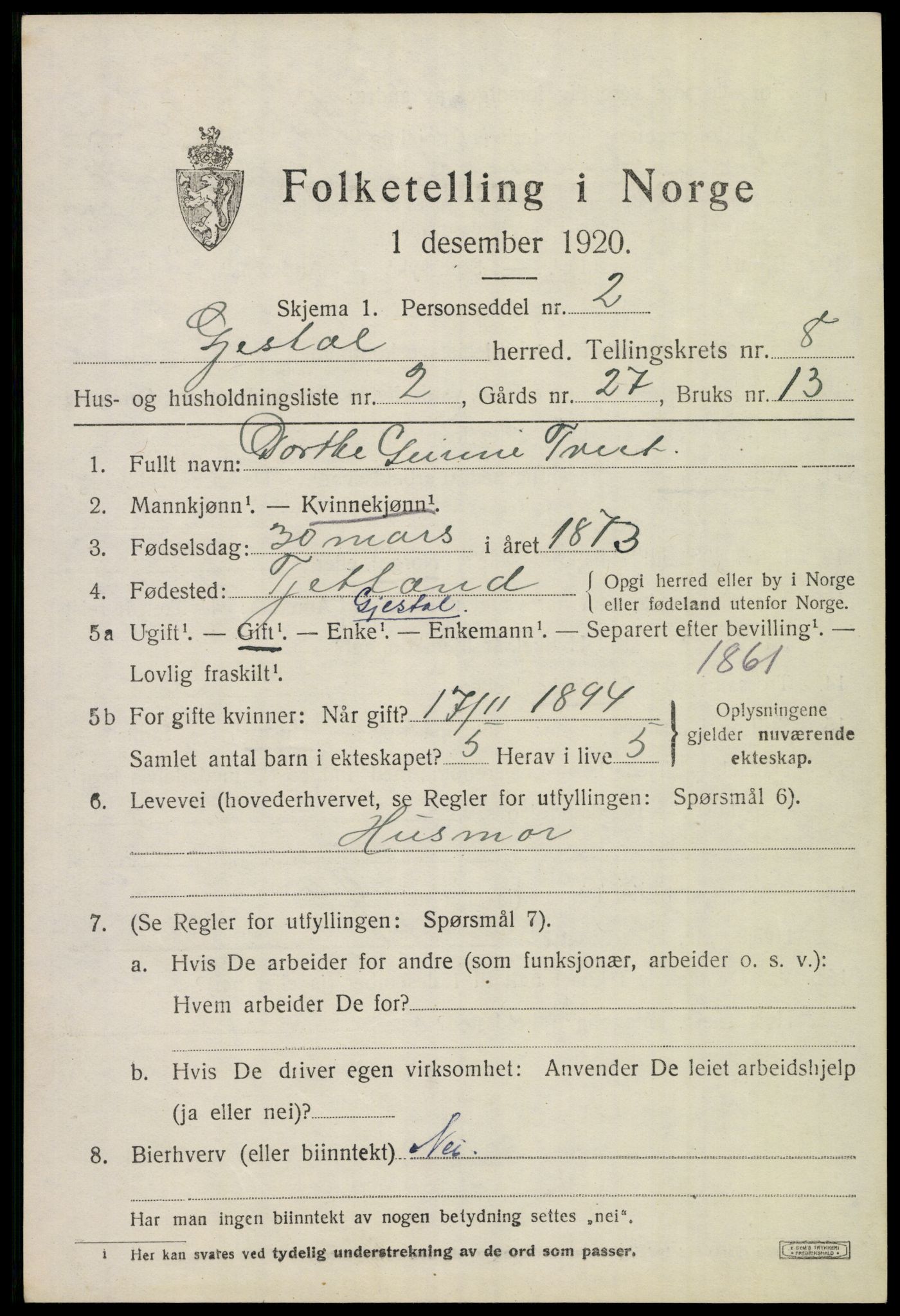 SAST, 1920 census for Gjesdal, 1920, p. 3768