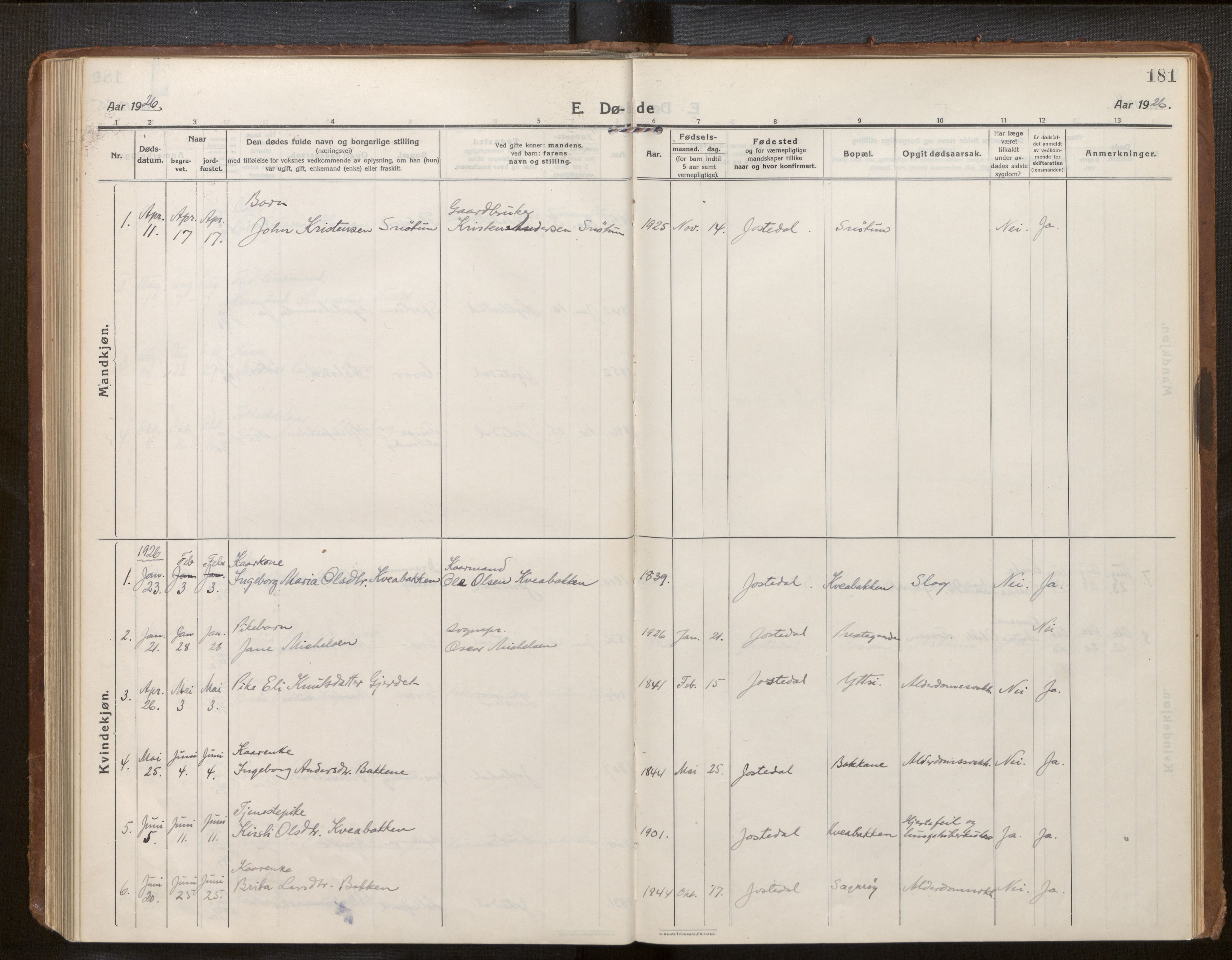 Jostedal sokneprestembete, SAB/A-80601/H/Haa/Haab/L0002: Parish register (official) no. B 2, 1915-1931, p. 181