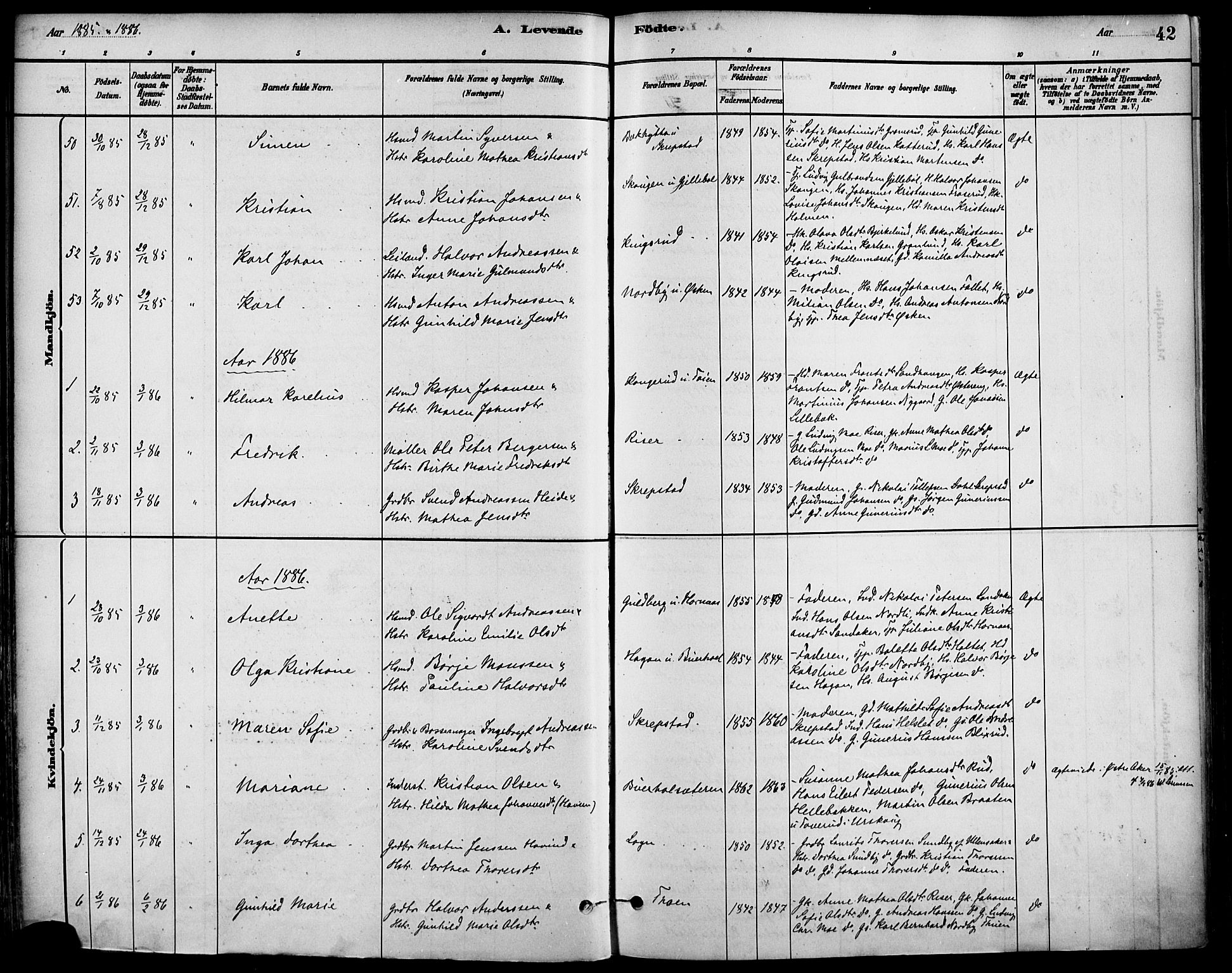Høland prestekontor Kirkebøker, SAO/A-10346a/F/Fa/L0013: Parish register (official) no. I 13, 1880-1897, p. 42