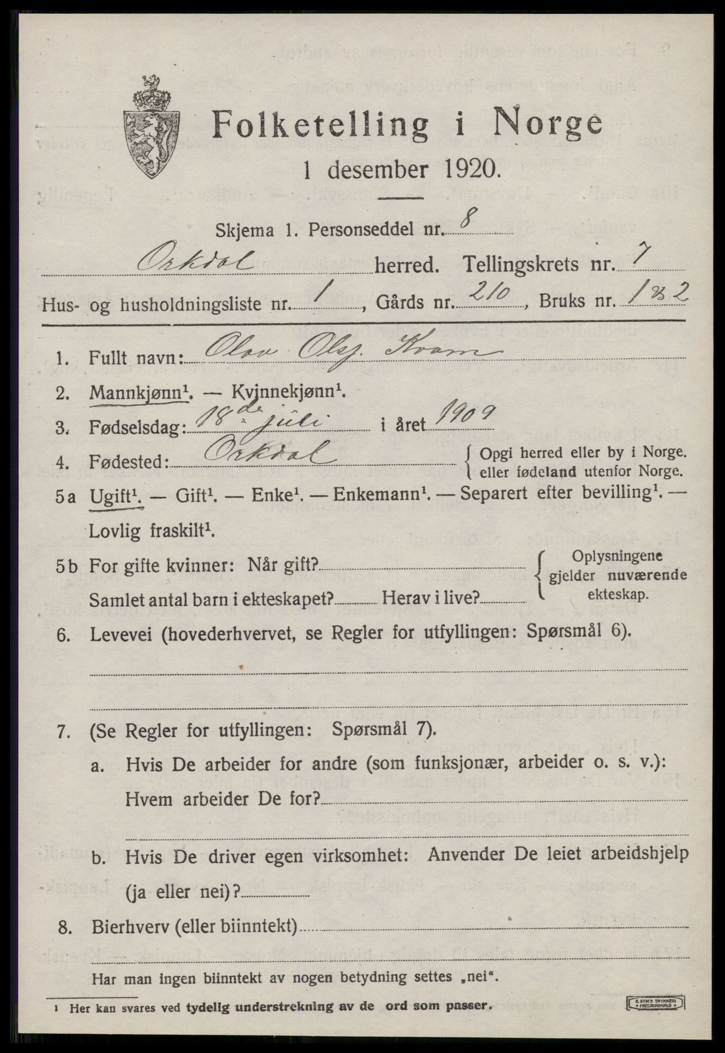 SAT, 1920 census for Orkdal, 1920, p. 5828