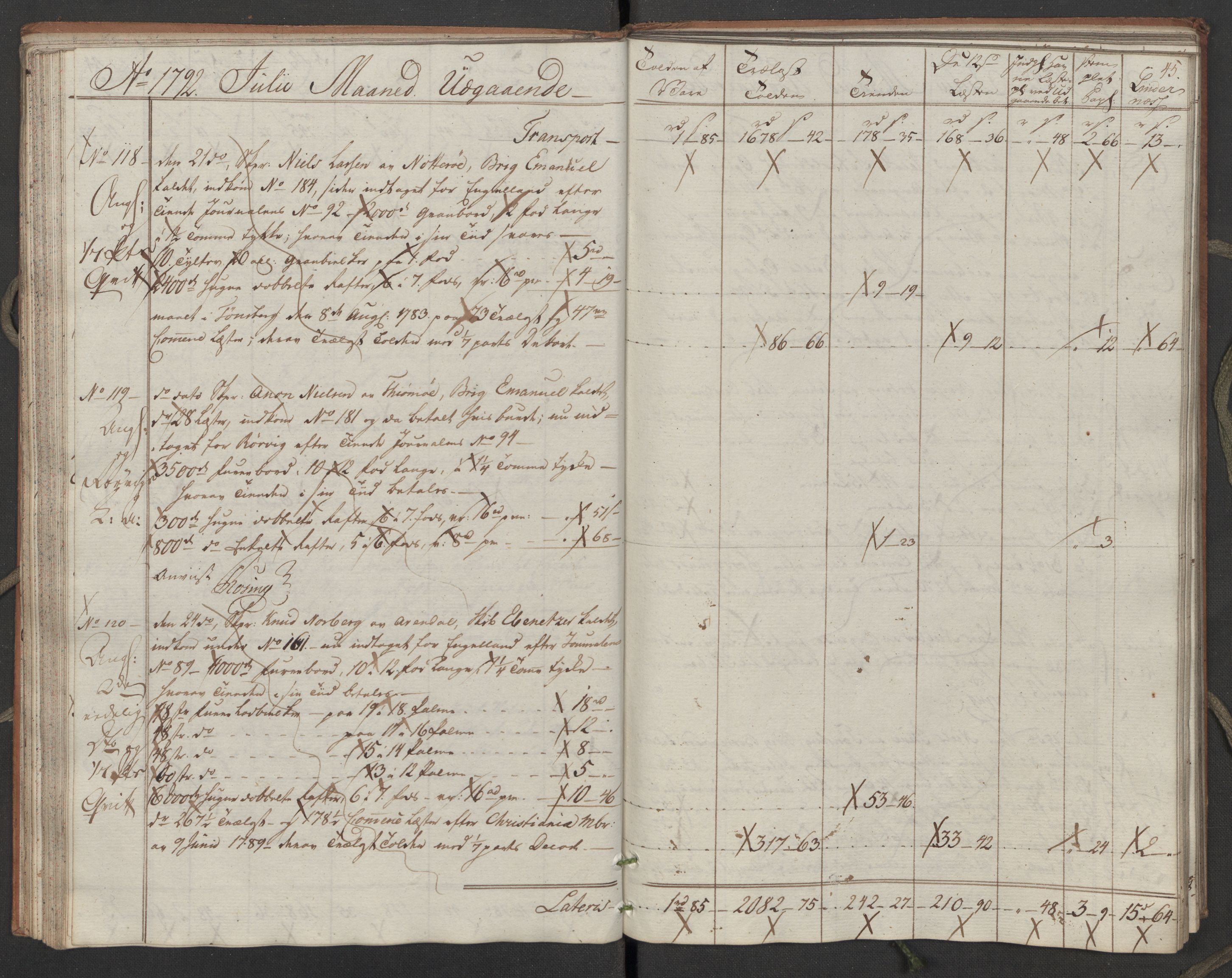 Generaltollkammeret, tollregnskaper, AV/RA-EA-5490/R02/L0110/0001: Tollregnskaper Fredrikstad / Utgående hovedtollbok, 1790-1792, p. 44b-45a