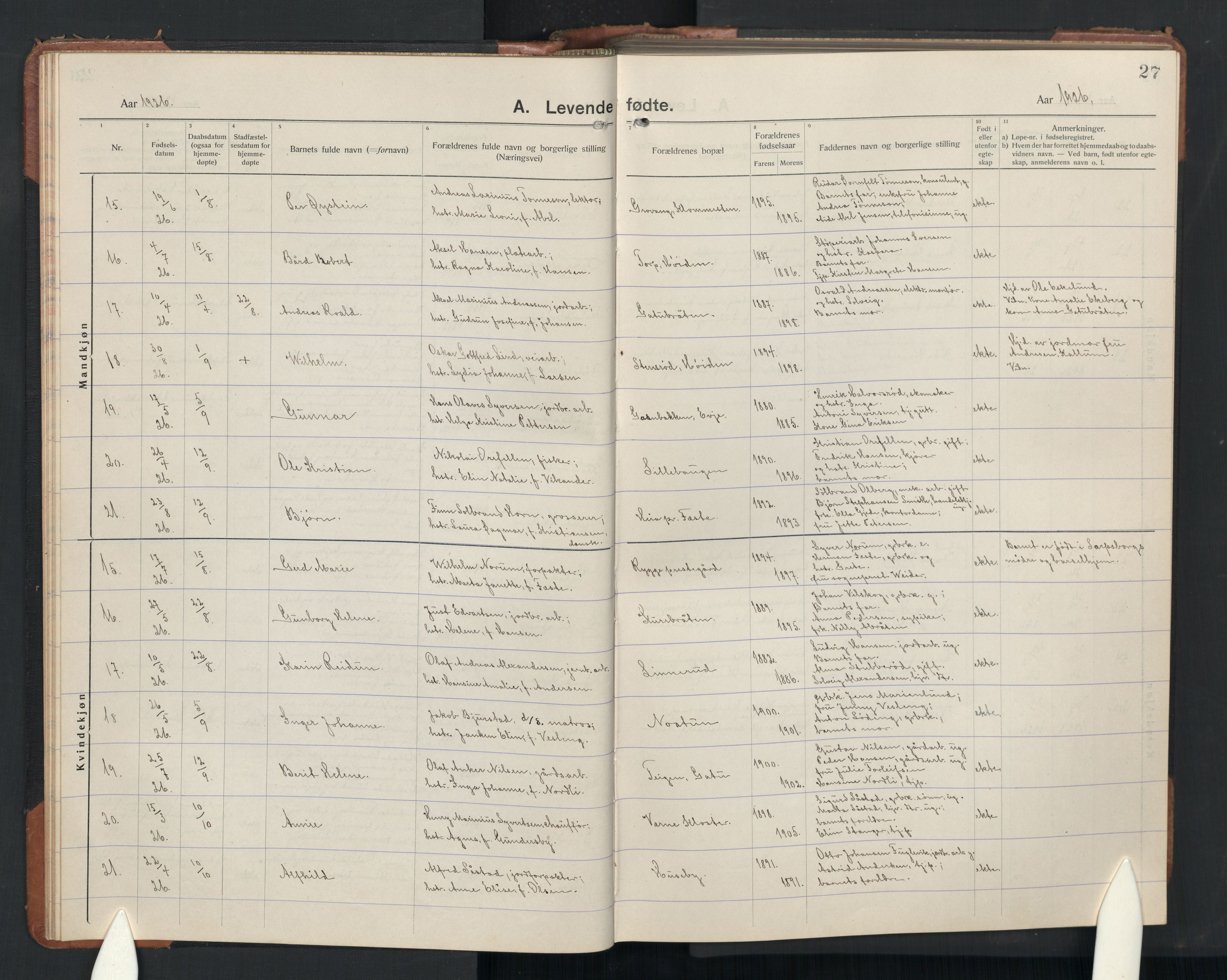 Rygge prestekontor Kirkebøker, SAO/A-10084b/G/Ga/L0004: Parish register (copy) no. 4, 1922-1953, p. 27
