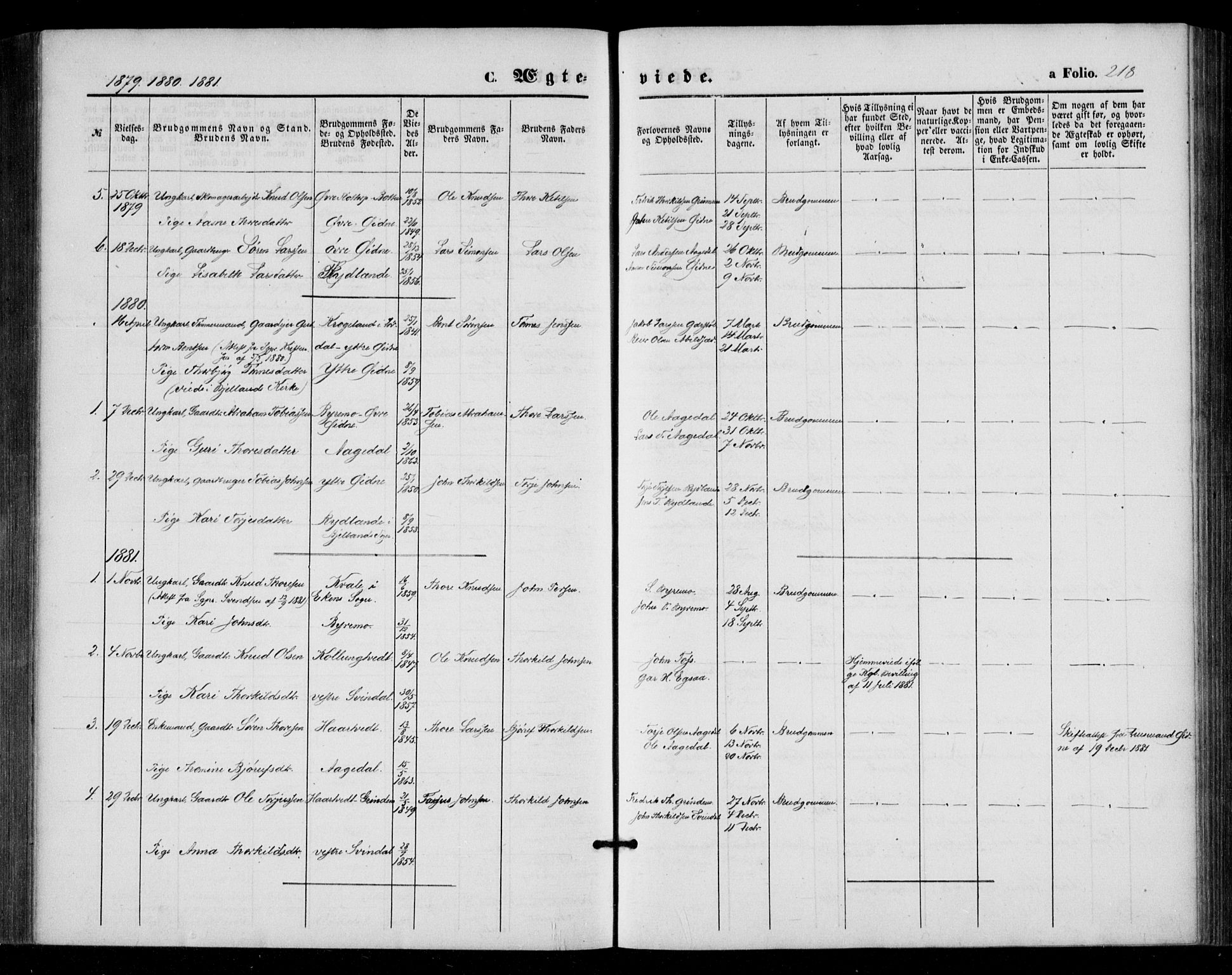 Bjelland sokneprestkontor, SAK/1111-0005/F/Fa/Fac/L0002: Parish register (official) no. A 2, 1866-1887, p. 218