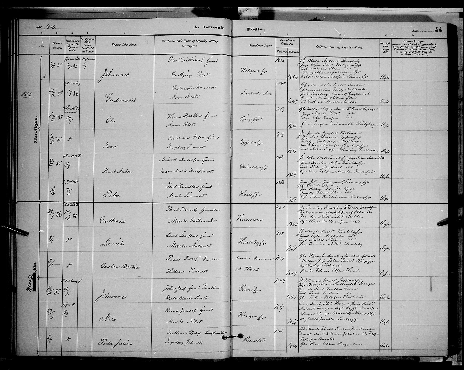 Gran prestekontor, SAH/PREST-112/H/Ha/Hab/L0002: Parish register (copy) no. 2, 1879-1892, p. 44