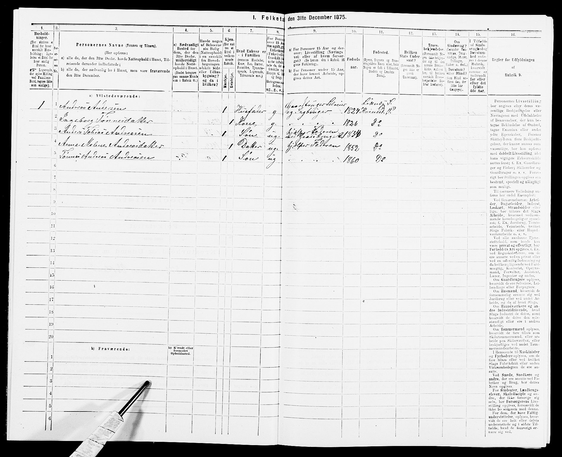 SAK, 1875 census for 1037P Kvinesdal, 1875, p. 296