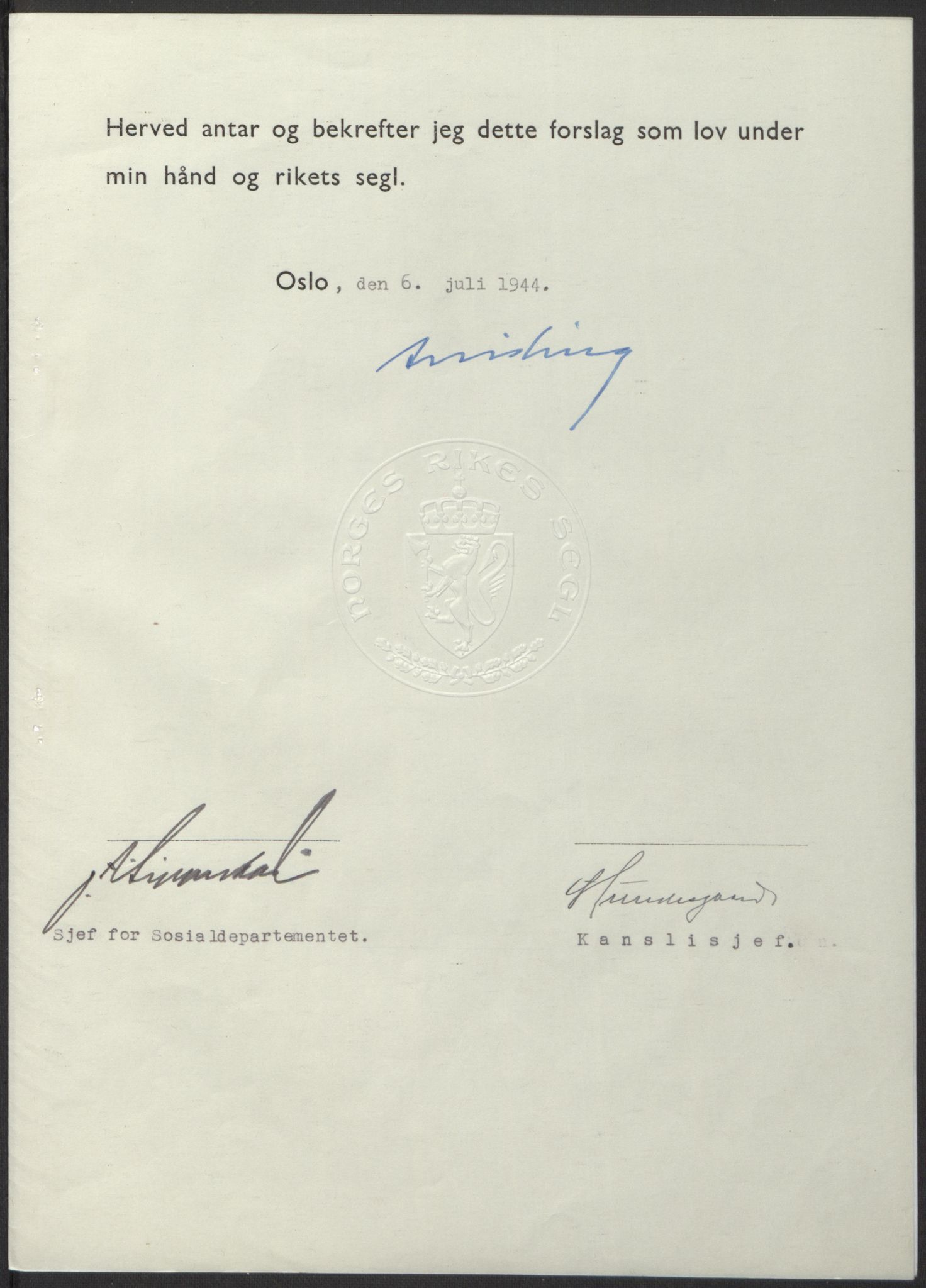 NS-administrasjonen 1940-1945 (Statsrådsekretariatet, de kommisariske statsråder mm), AV/RA-S-4279/D/Db/L0100: Lover, 1944, p. 345