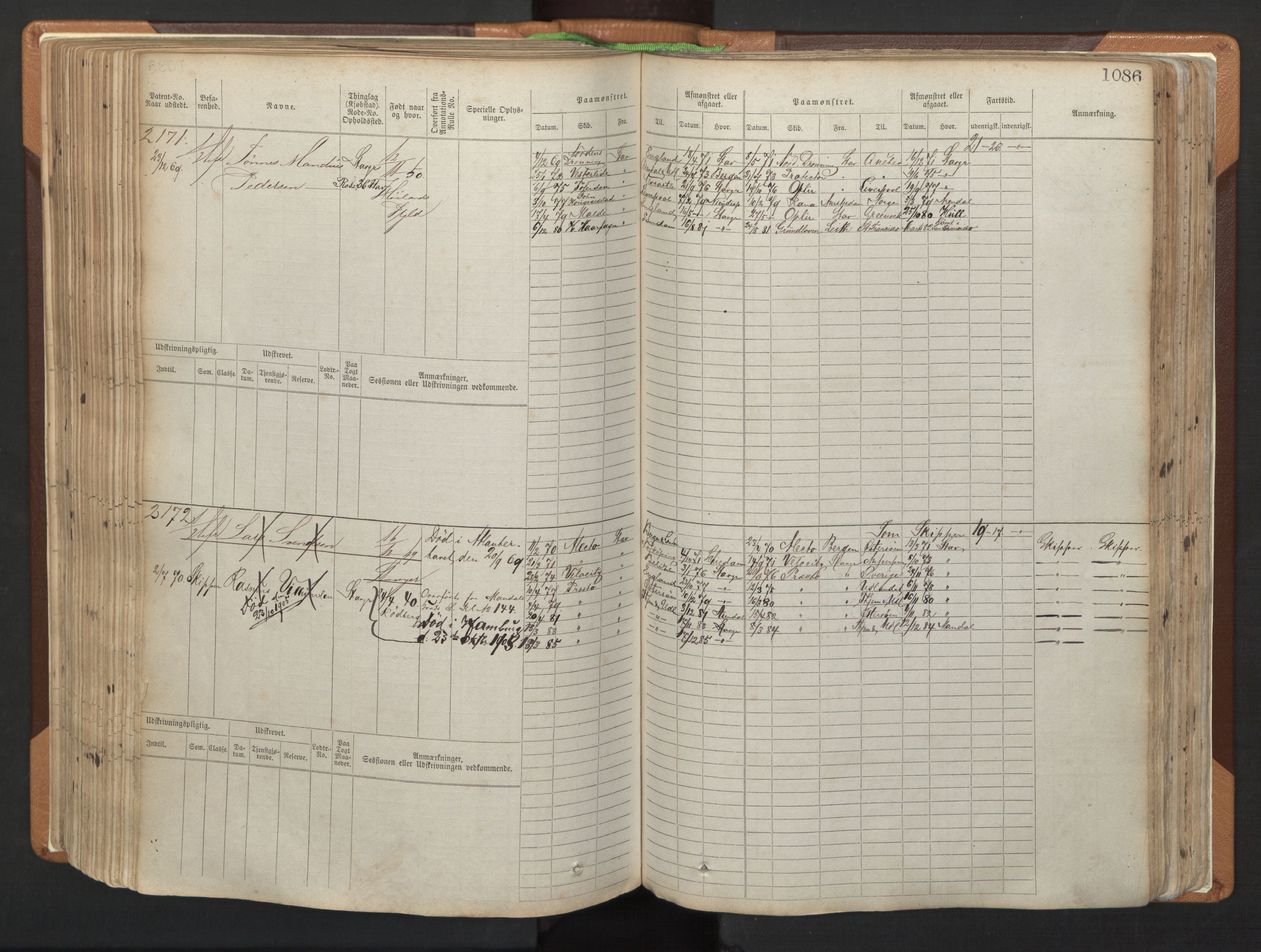 Stavanger sjømannskontor, AV/SAST-A-102006/F/Fb/Fbb/L0006: Sjøfartshovedrulle, patentnr. 1607-2402 (del 3), 1869-1880, p. 286