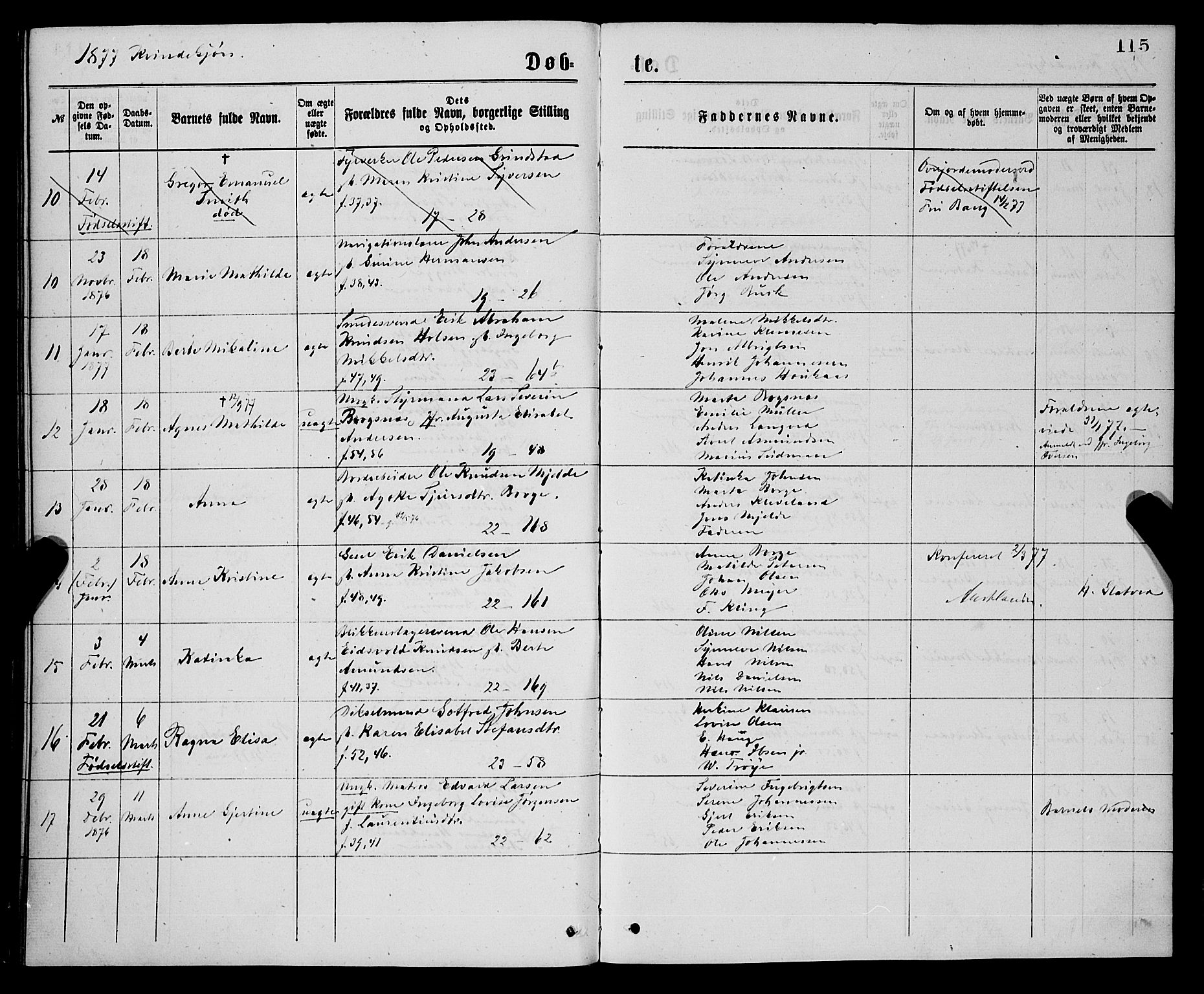 Korskirken sokneprestembete, SAB/A-76101/H/Hab: Parish register (copy) no. B 7, 1874-1878, p. 115