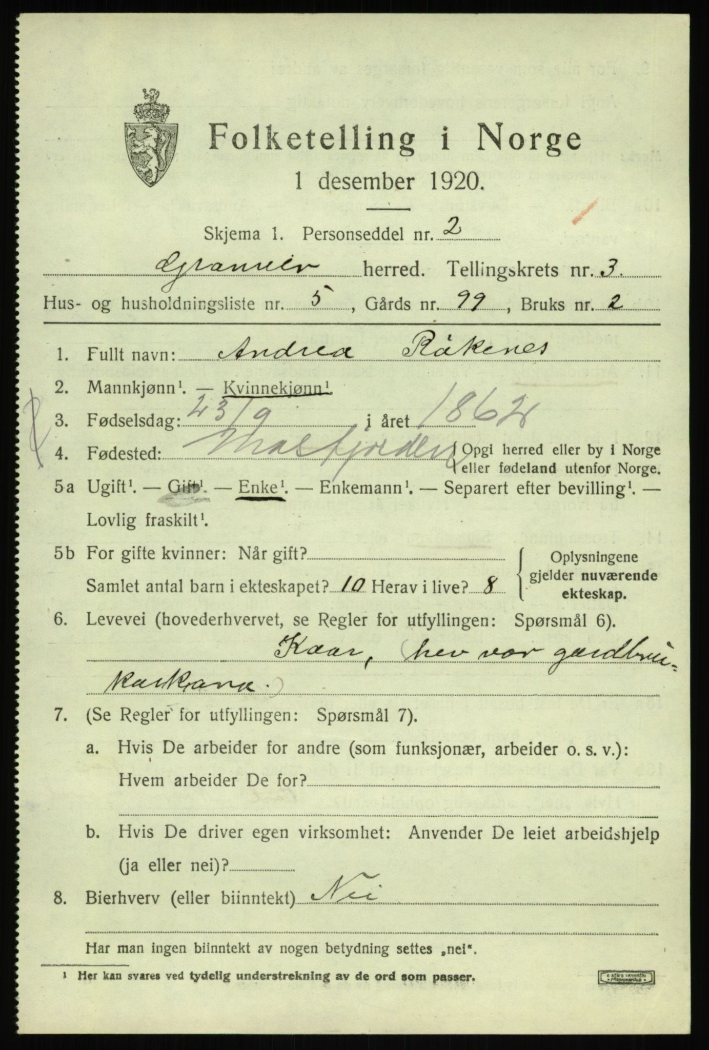 SAB, 1920 census for Granvin, 1920, p. 1220