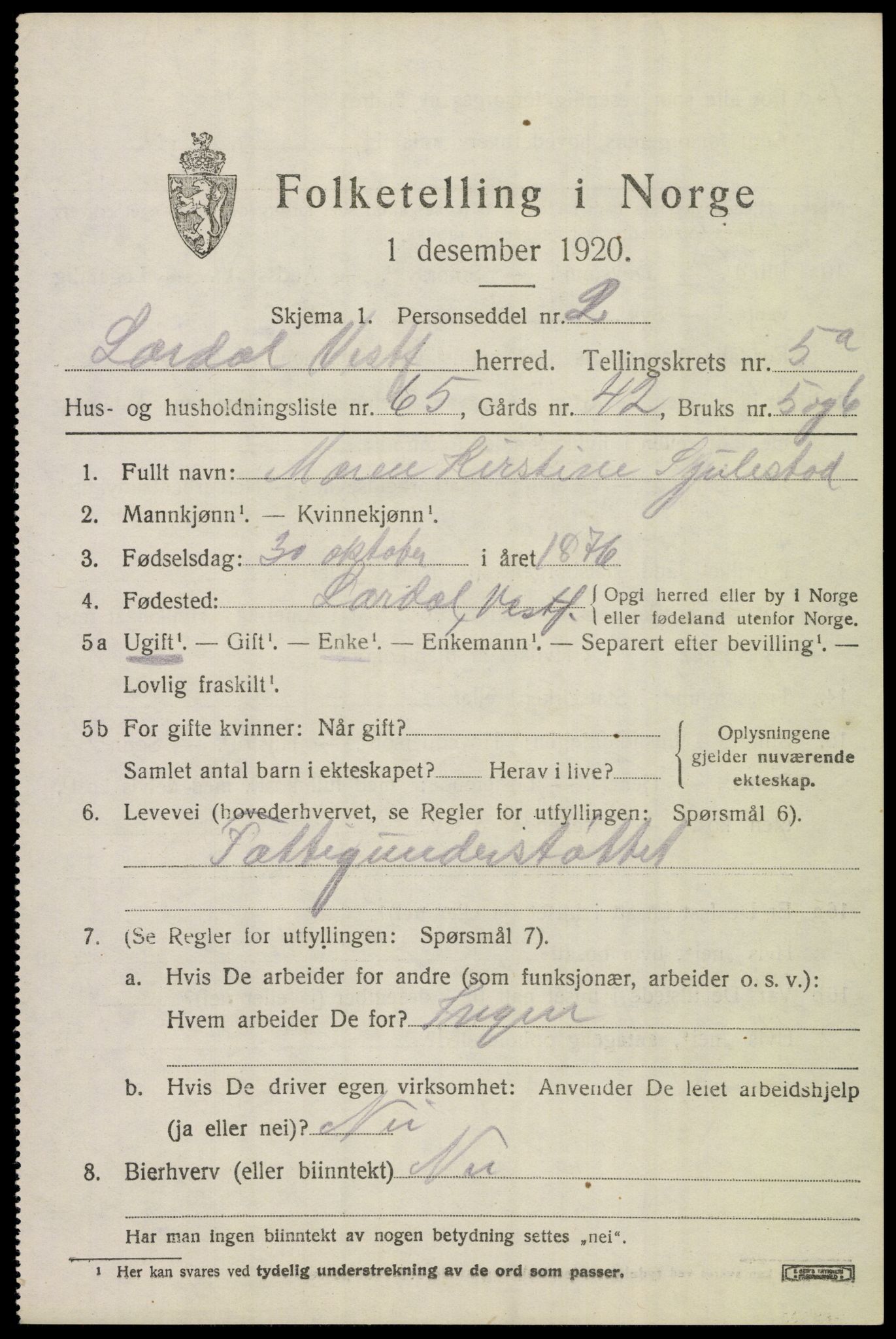 SAKO, 1920 census for Lardal, 1920, p. 5187