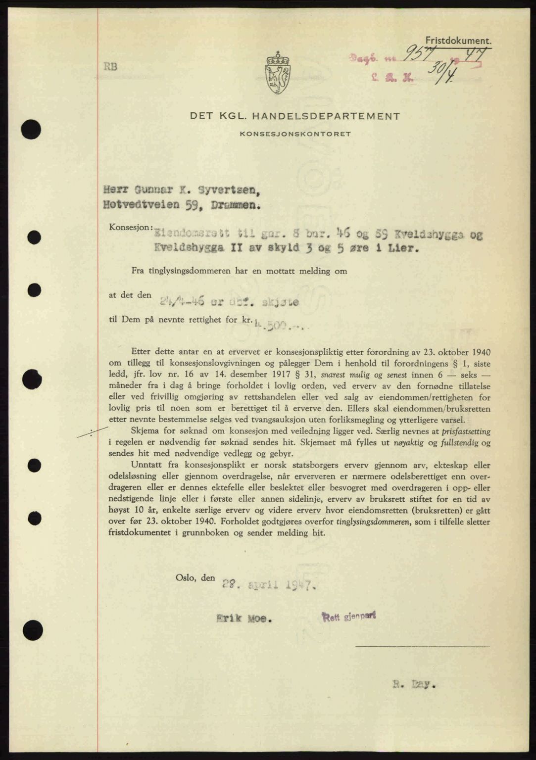 Lier, Røyken og Hurum sorenskriveri, AV/SAKO-A-89/G/Ga/Gab/L0089: Mortgage book no. 89, 1947-1947, Diary no: : 957/1947