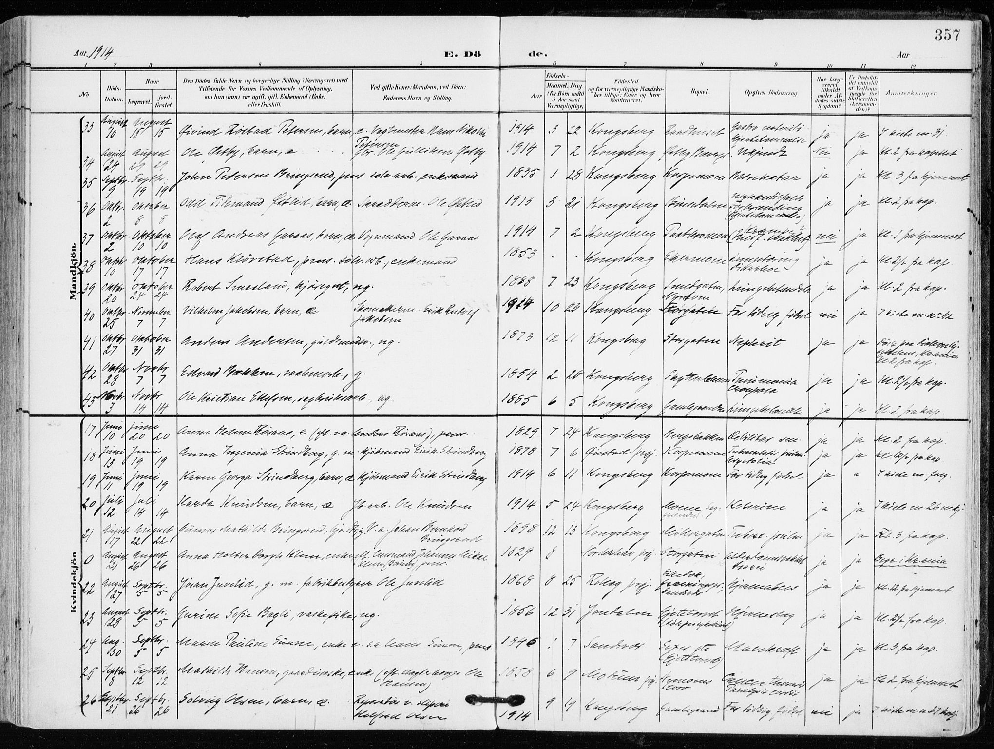 Kongsberg kirkebøker, AV/SAKO-A-22/F/Fb/L0004: Parish register (official) no. II 4, 1906-1918, p. 357