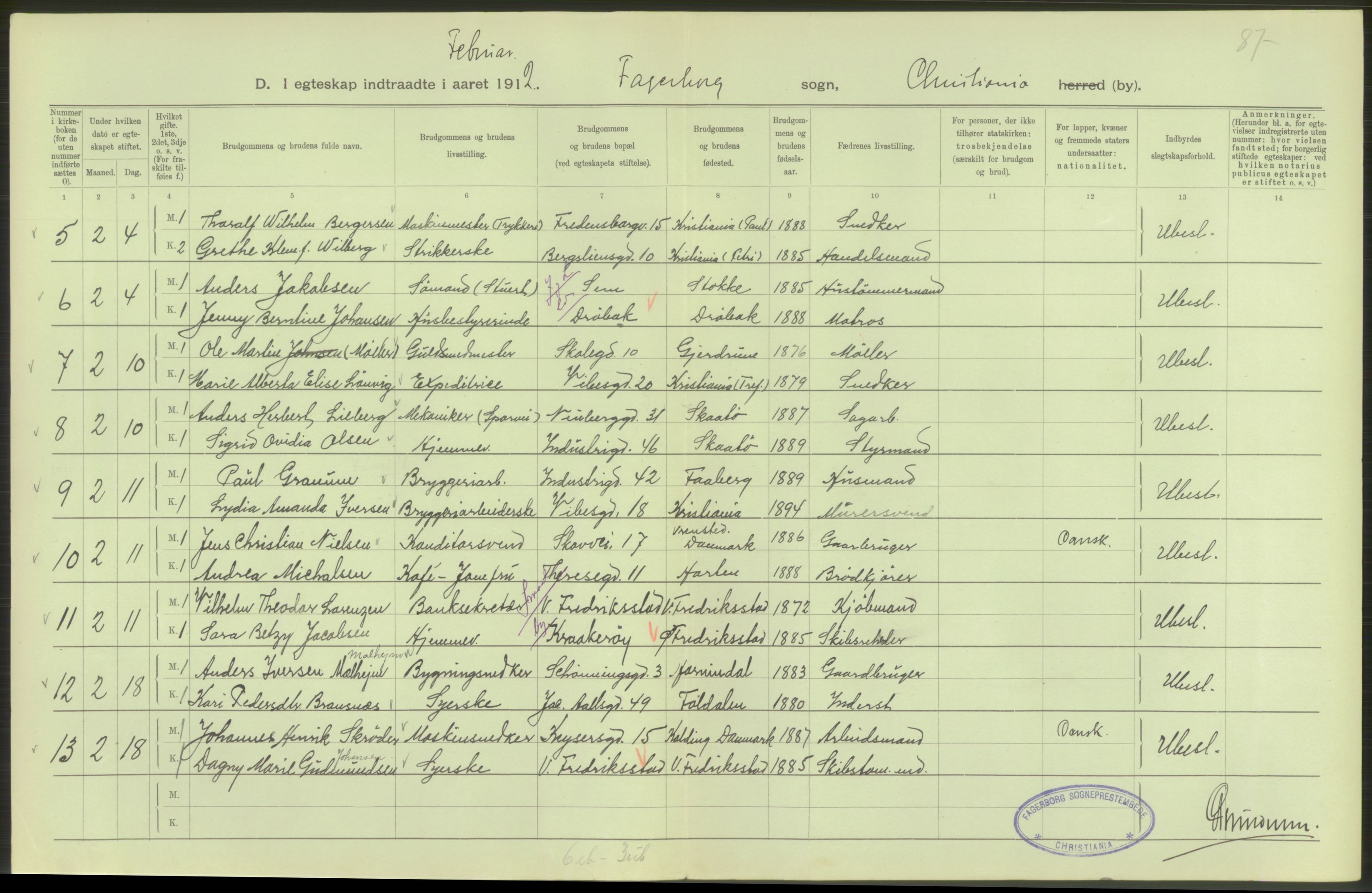 Statistisk sentralbyrå, Sosiodemografiske emner, Befolkning, RA/S-2228/D/Df/Dfb/Dfbb/L0008: Kristiania: Gifte, 1912, p. 268