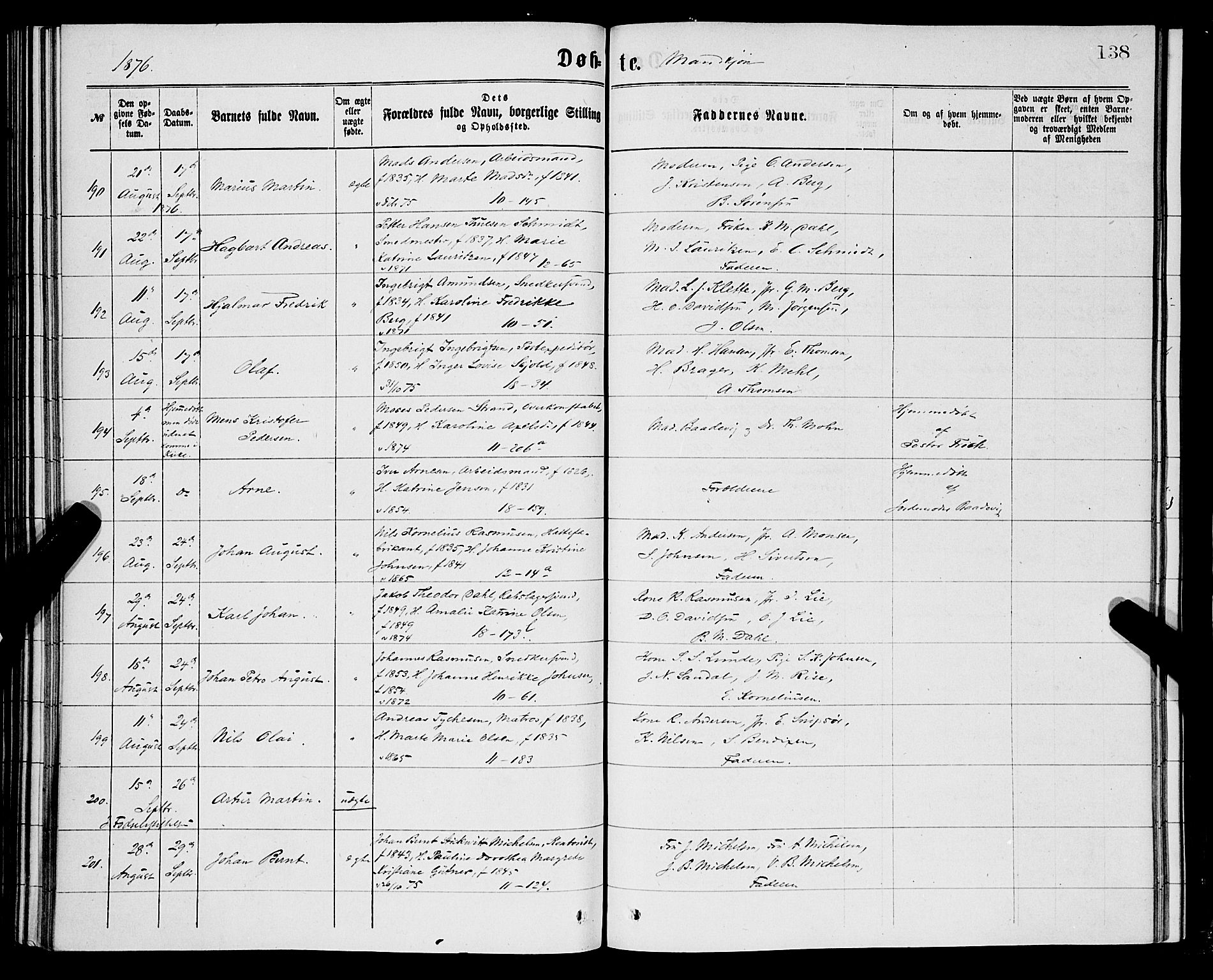 Domkirken sokneprestembete, SAB/A-74801/H/Hab/L0013: Parish register (copy) no. B 6, 1869-1876, p. 138