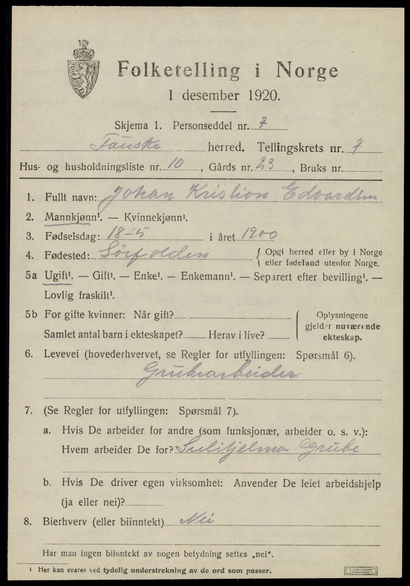 SAT, 1920 census for Fauske, 1920, p. 6064